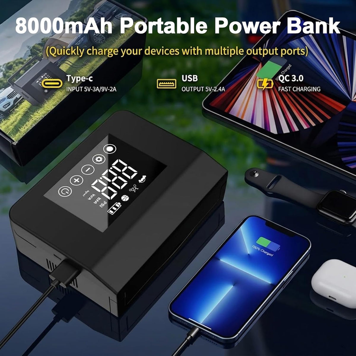 4000A Portable Car Battery Jump Starter with Air Compressor,150PSI Tire Inflator, Jumper Starter for All 12V Vehicles,Power Bank, LED Light,Auto Shutoff