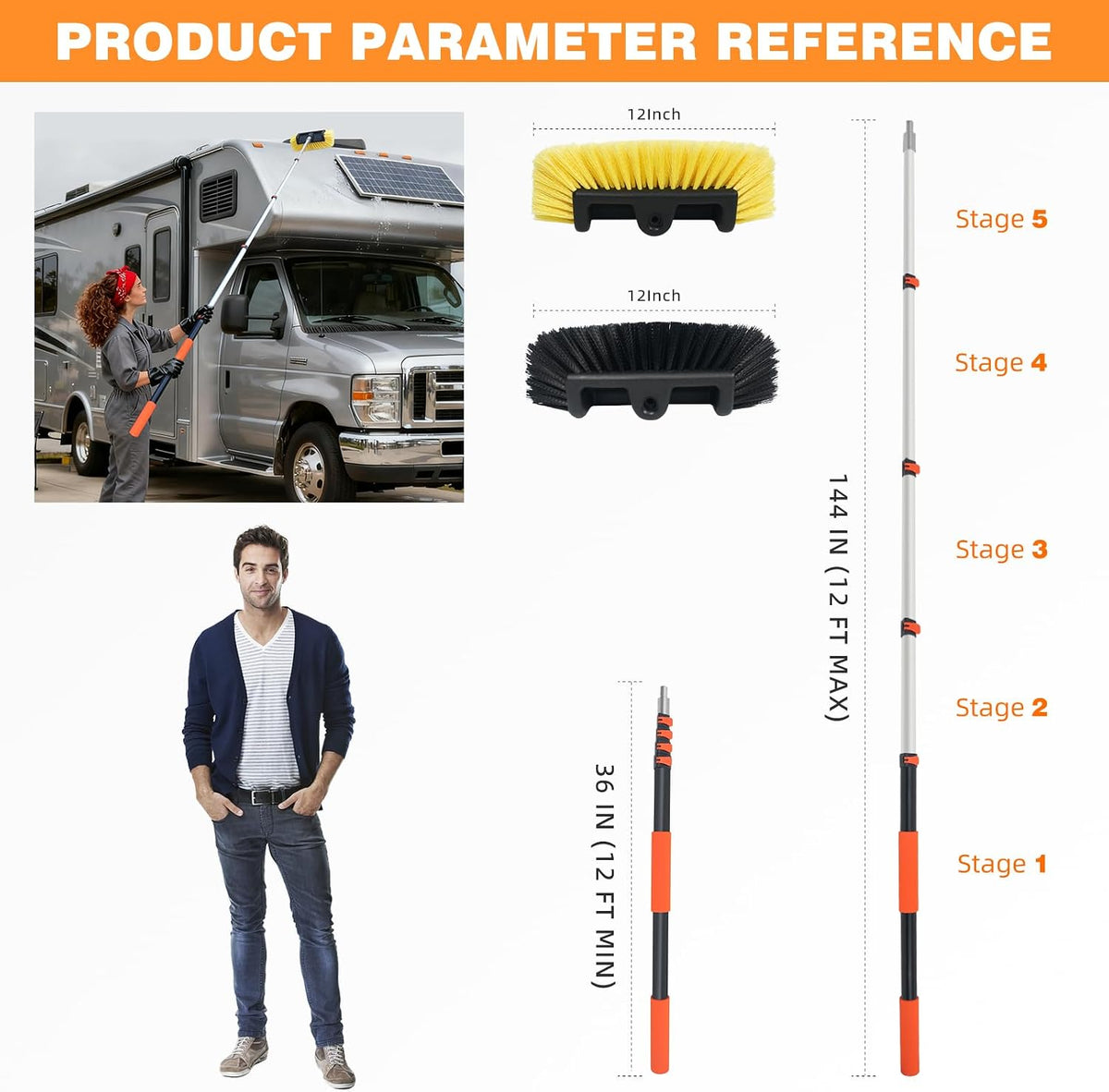 12FT Car Wash Brush with Long Handle Telescoping Extension Pole Angle Adapter with 12" Soft and Hard Bristle Scratch-Free for Cleaning Car Truck RV House Floor Window Roof Solar Panels