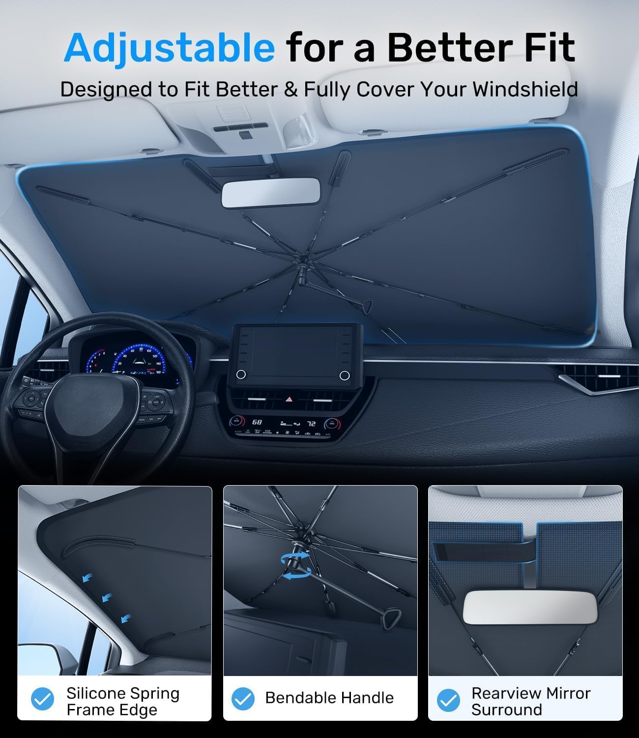 Zanch 2026 Upgraded Car Windshield Sun Shade [Cool Down by 75℉ ] with Heat Insulation Coating, Foldable Sunshade Umbrella Flexible Handle & Ribs, Medium (57''x32'') for Car, SUV, Truck, Van