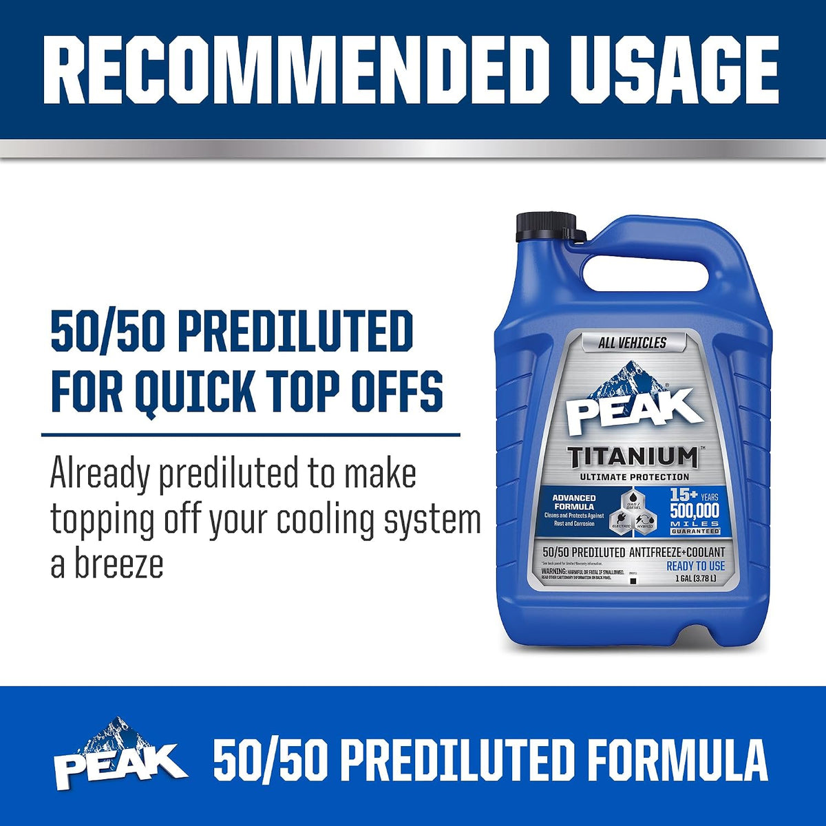 PEAK Titanium 50/50 Prediluted Antifreeze and Coolant for All Engine Cooling Systems, Long-Lasting Yellow Engine Coolant/Antifreeze for Lifetime Engine Protection in All Vehicles, 1 Gal.