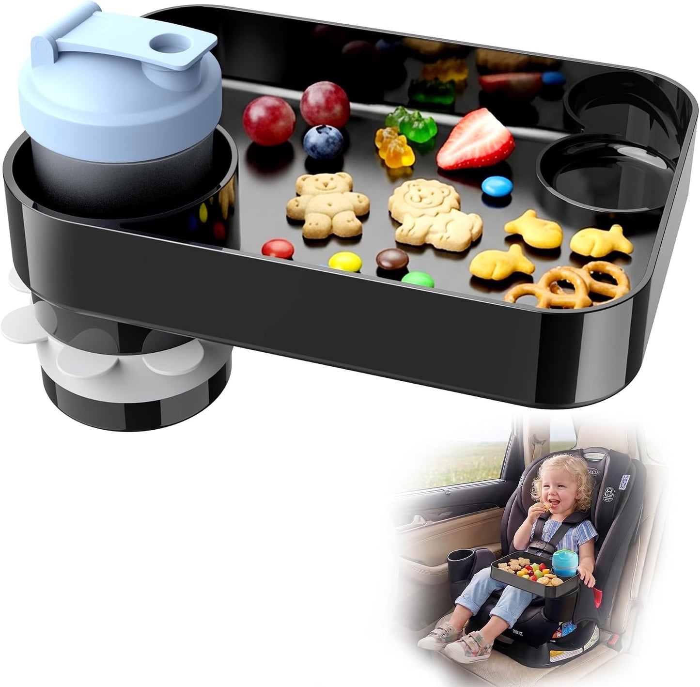 Car Seat Snack Tray for Kids, Mess-Free Square Travel Tray Cup Holder Snack Tray, Durable Car Food Tray for Toddlers, Fit Kids Travel Road Trip Essentials (1, Black)