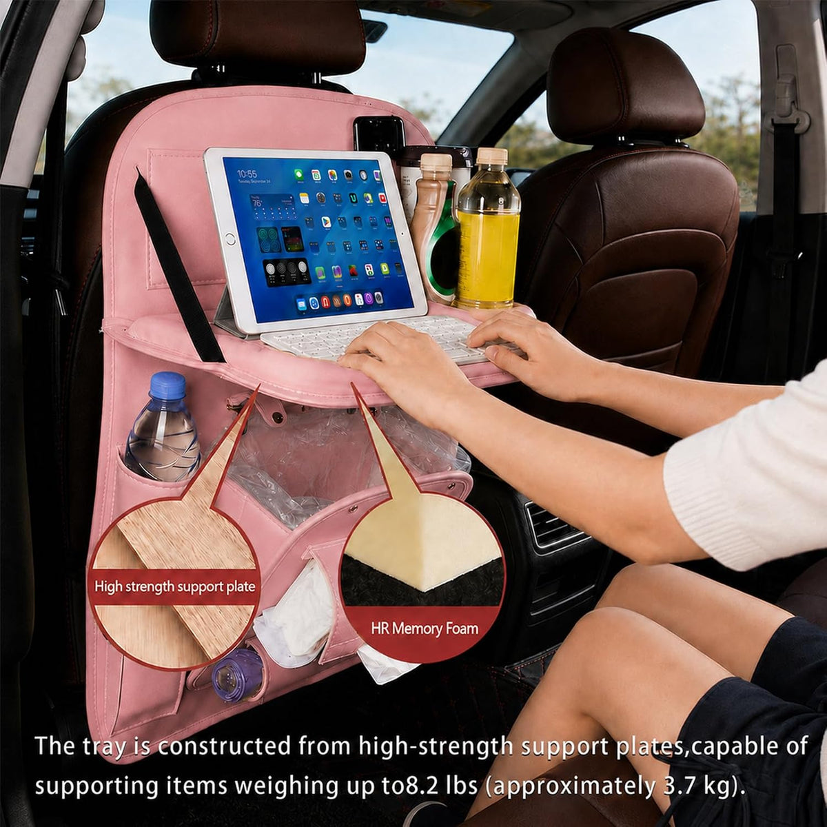 Car Backseat Organizer with Foldable Table Tray, PU Leather Seat Back Organizer with Trash Bin, Tablet Holder, Kick Mat Protector, Back Seat Storage for Cars, Pink