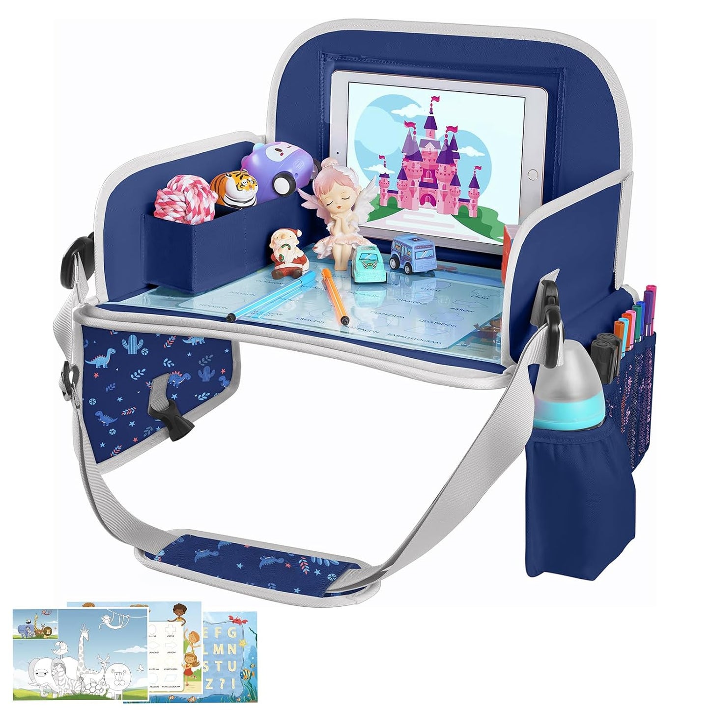 MENZOKE Kids Travel Tray, Car Seat Tray for Kids Travel, Toddler Essentials | Road Trip Activities Accessories with Tablet Holder, Cooler Cup Holder, Dry Erase Board & Storage Pocket for Airplane, Blue