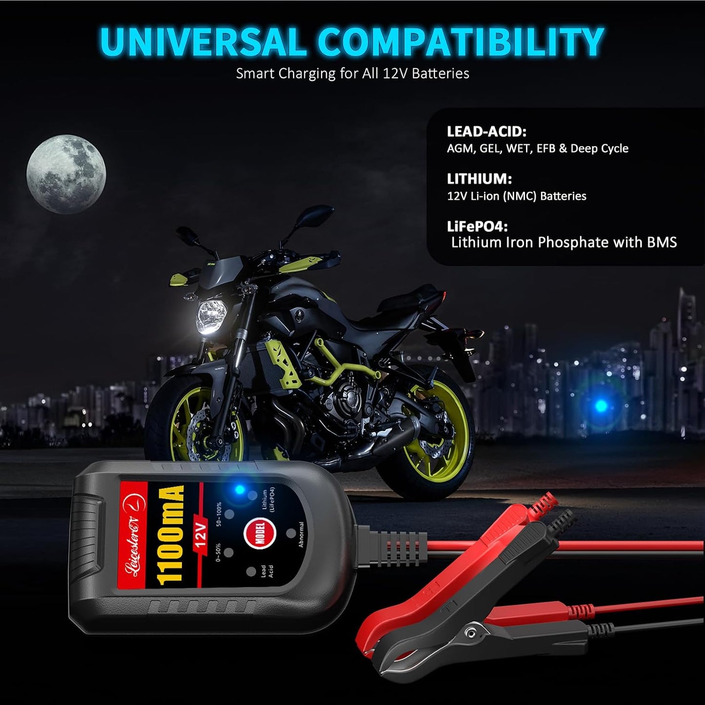 2 Pack Motorcycle Battery Charger 12V, 1.1Amp Trickle Charger and Maintainer - Smart Automatic Float Charger for Cruiser Sport Bike ATV Scooter Dirt Bike Lawn Mower, LiFePO4 Lead Acid AGM Gel