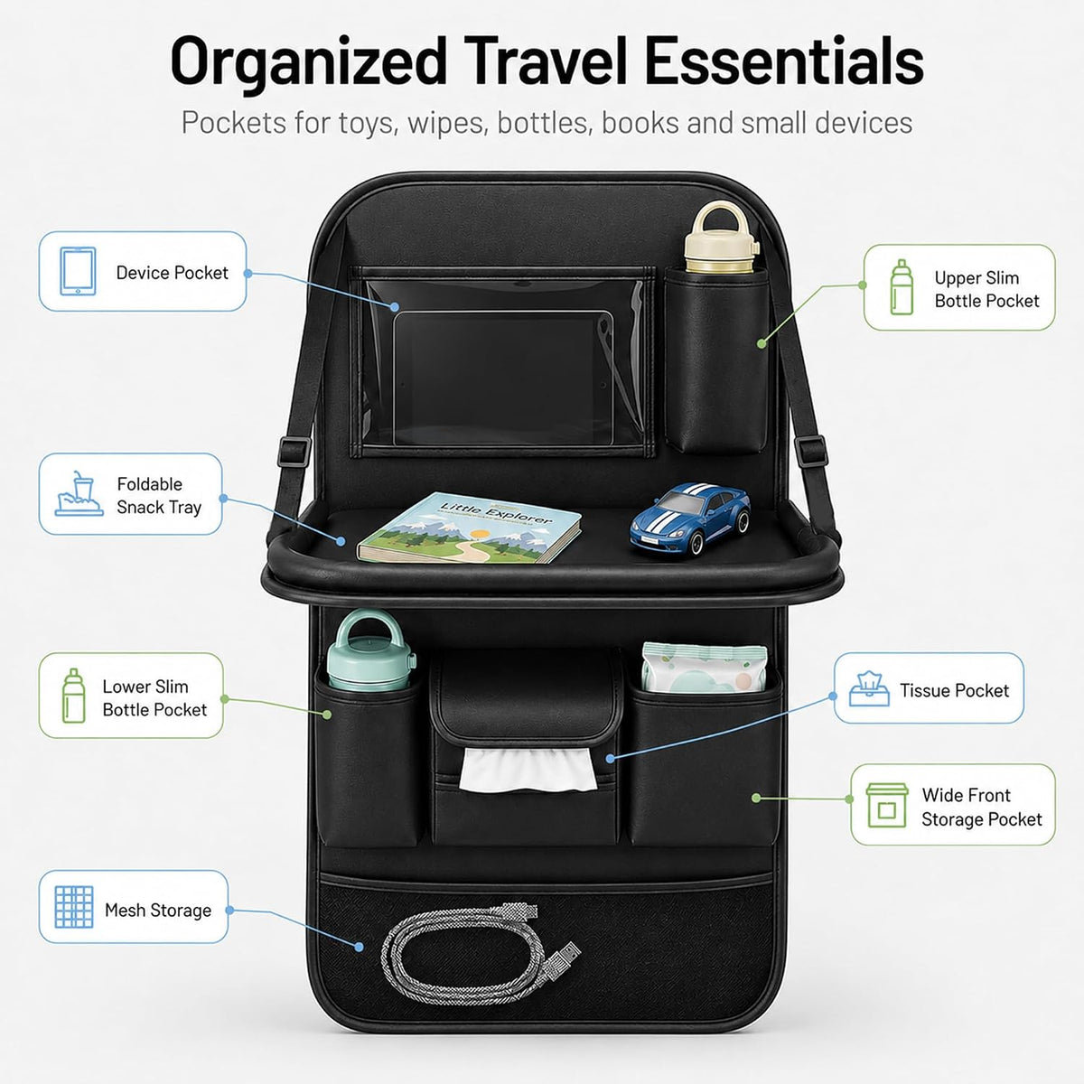 Backseat Car Organizer with Tray, Car Seat Back Organizer, 1 Pack