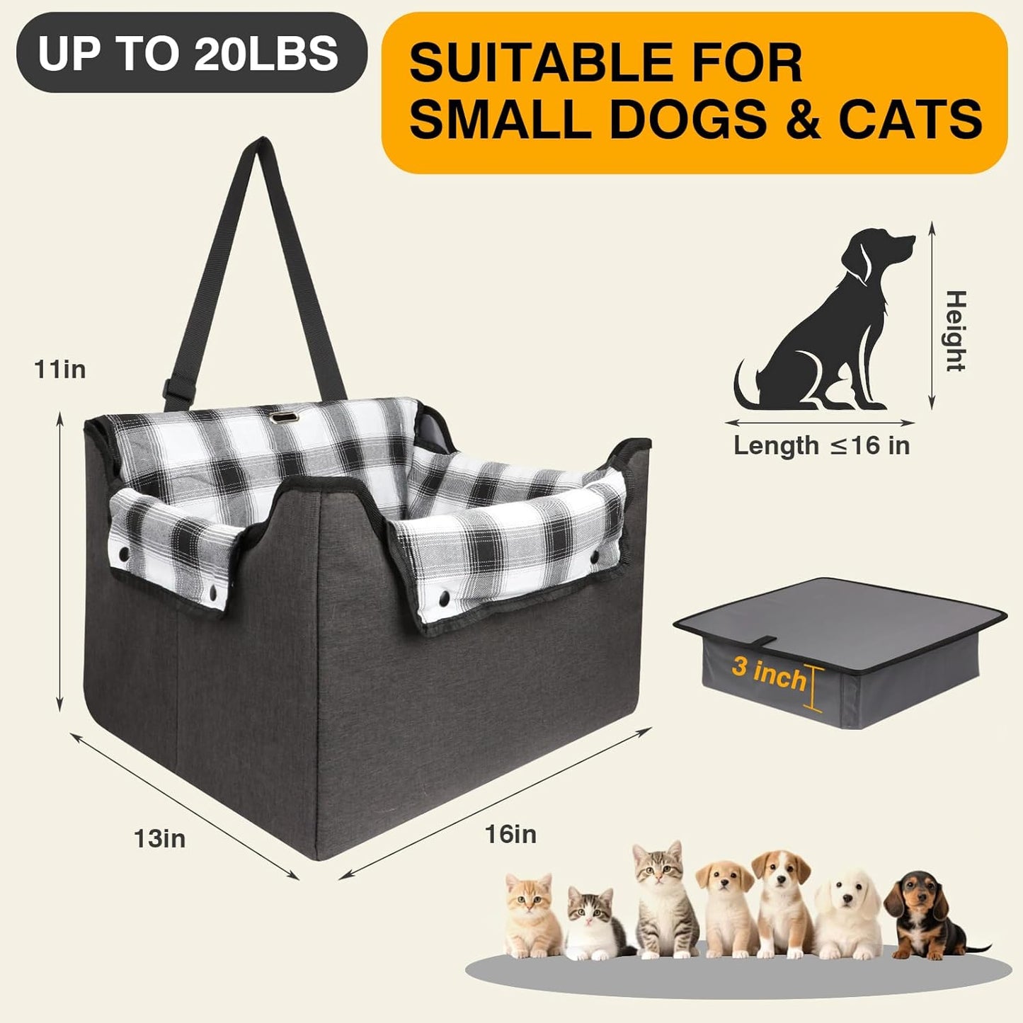 Dog Car Seats for Small Dogs,Foldable Pet Front Seat Dog Car Seat,Elevated Dogs Booster Truck Seat,Detachable and Washable Inner Lining,Reduces Anxiety & Road Trips,Up to 20lbs, Fits Front/Back Seats