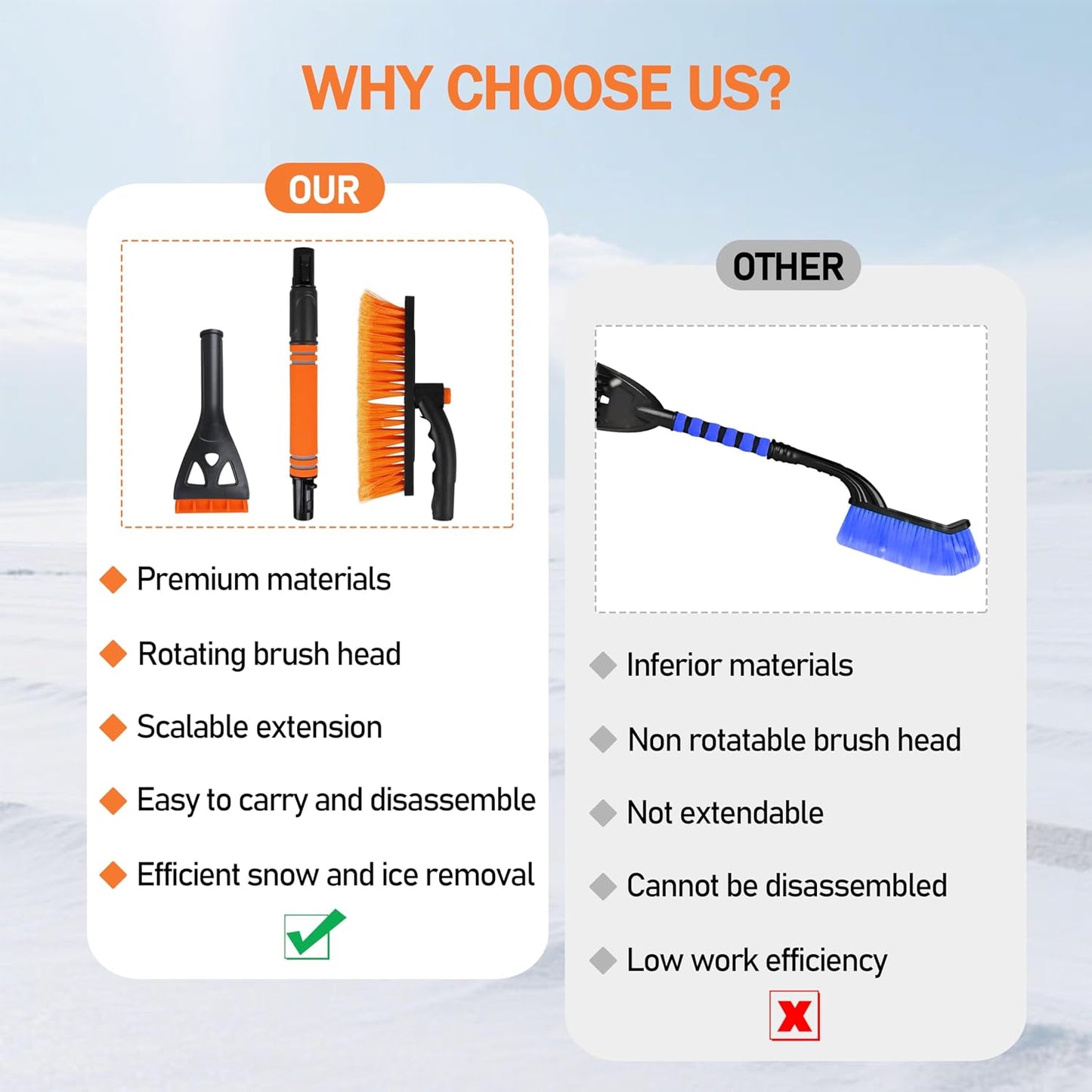 30.7" Snow Brush and Ice Scrapers for Car Windshield Detachable Snow Scrapers with Foam Grip 360° rotatable for Cars, Trucks, SUVs 1Pcs Orange