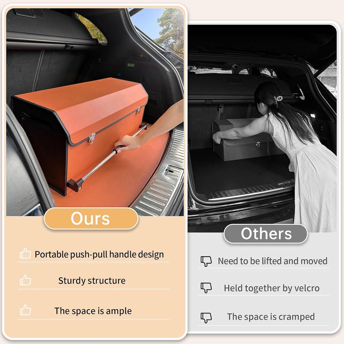 XCF Car Trunk Organizer for SUV, Collapsible Leather Car Storage Trunk Organizer with Lid and Sturdy Handle Car Trunk Leather Storage Box (Orange, 27.1 x 11.4 x 12.2in)