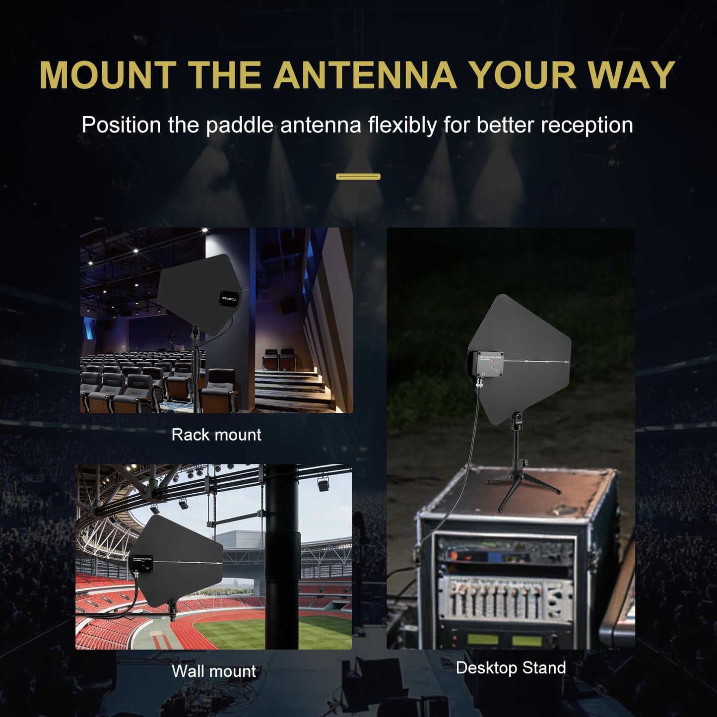 UHF Antenna Distribution System Bundle with Carry Case, Active Directional Receivers with 4 Outputs + 1 Cascade Ports, Power Distribution System for Wireless Microphone with Antenna Paddle