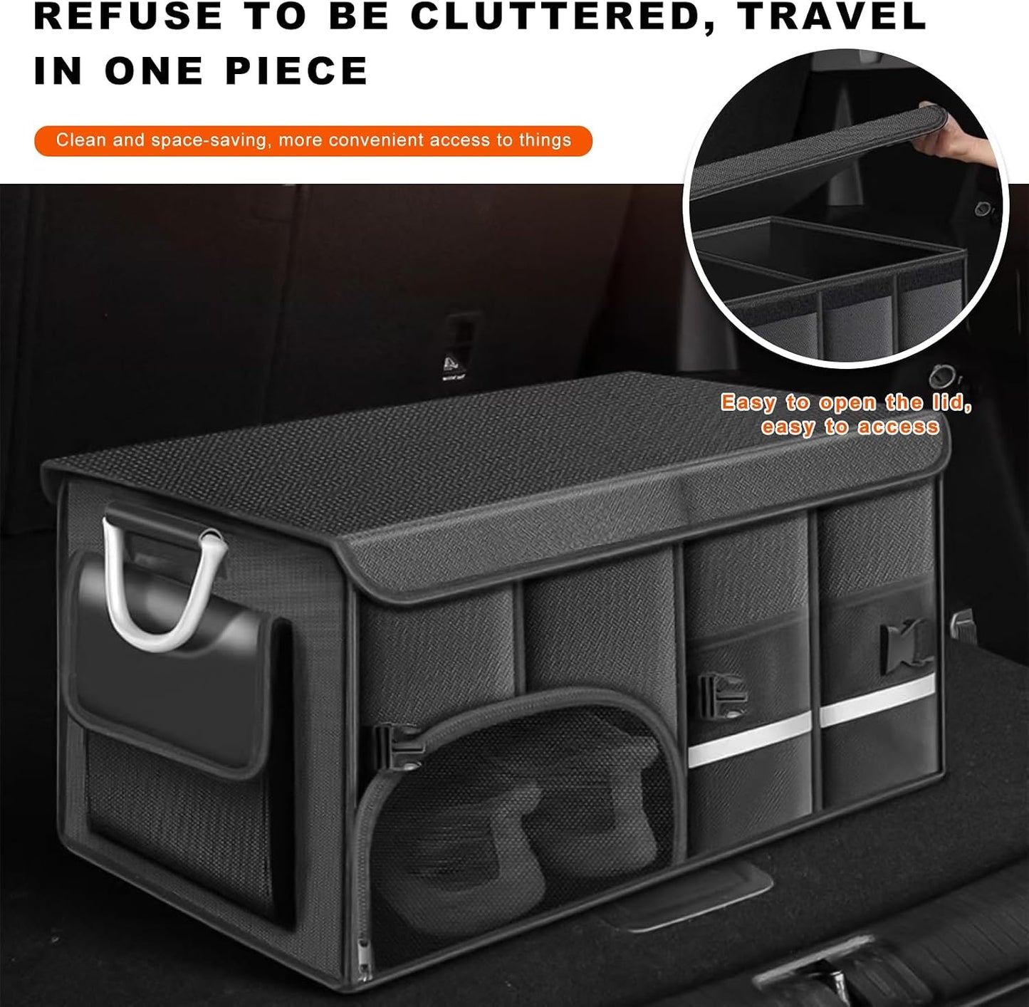 Car Trunk Organizer, 52L Collapsible Car Storage Waterproof Trunk Organizer with Lid & Handle, Multi Compartment Oxford Cargo Groceries Storage for Trucks SUVs Sedans