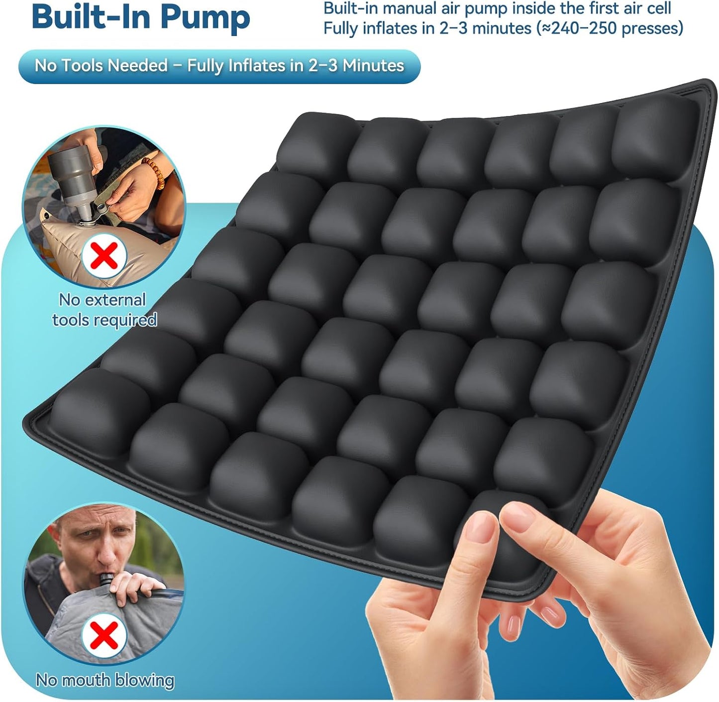 Airplane Seat Cushion for Long Flights, Inflatable Travel Seat Cushion with Built-in Pump, 36 Air Cell Portable Seat Pad, Foldable Non-Slip Cushion for Plane, Office Chair, Car, Stadium (Black)