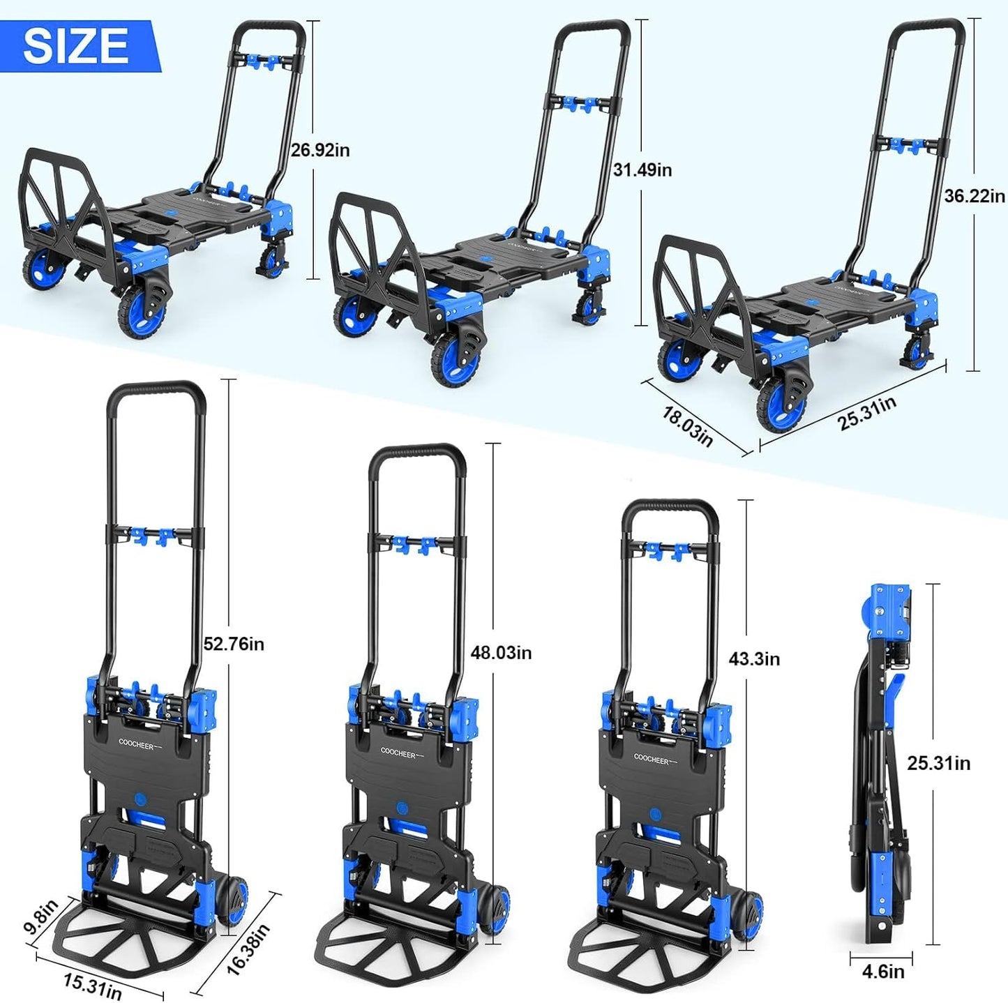 2-in-1 Folding Hand Truck Dolly with Basket, 330LB Load Carrying, Foldable Dolly with Retractable Handle and 4 Rubber Wheels, Portable Hand Cart for Moving/Travel/Office(Blue Upgrated)