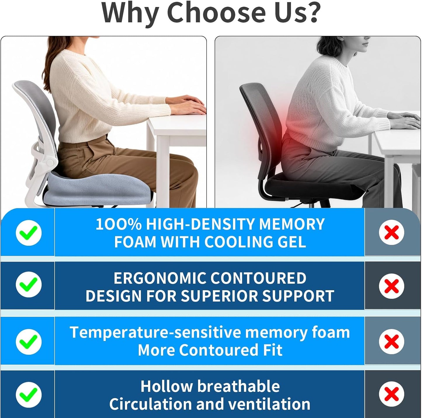 Seat Cushions for Office Chairs Wheelchair Cushion for Long Sitting Back Pain，Memory Foam Seat Car Computer Desk Chair Cushion，Coccyx Cushion for Tailbone Pain Relief Cushion Office Chair Black Blue