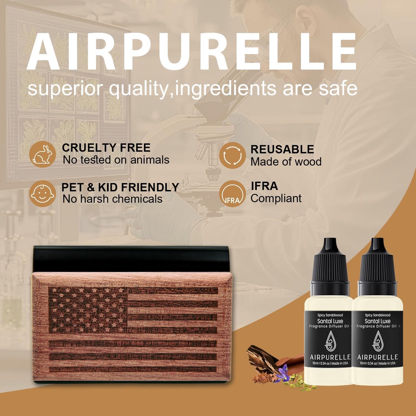 AirPurelle Car Air Freshener with Metal Clip Wood Air Freshener, 100 Days Long Lasting Spicy Sandalwood Scent, Includes 2x 10ML Refills, 0.68 FL OZ, Made in USA, Car Auto Accessories