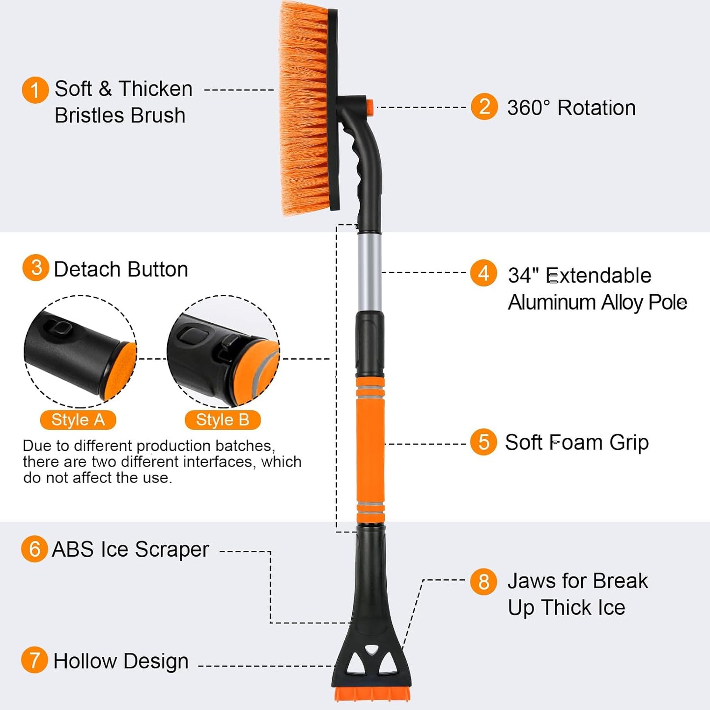 BFONS Ice Scrapers for Car Windshield, 2-in-1 Snow Scraper and Snow Brush for Car SUV Truck, Car Ice Windshield Scraper for Ice and Snow with 360° Pivoting Brush and Ergonomic Foam Grip Orange