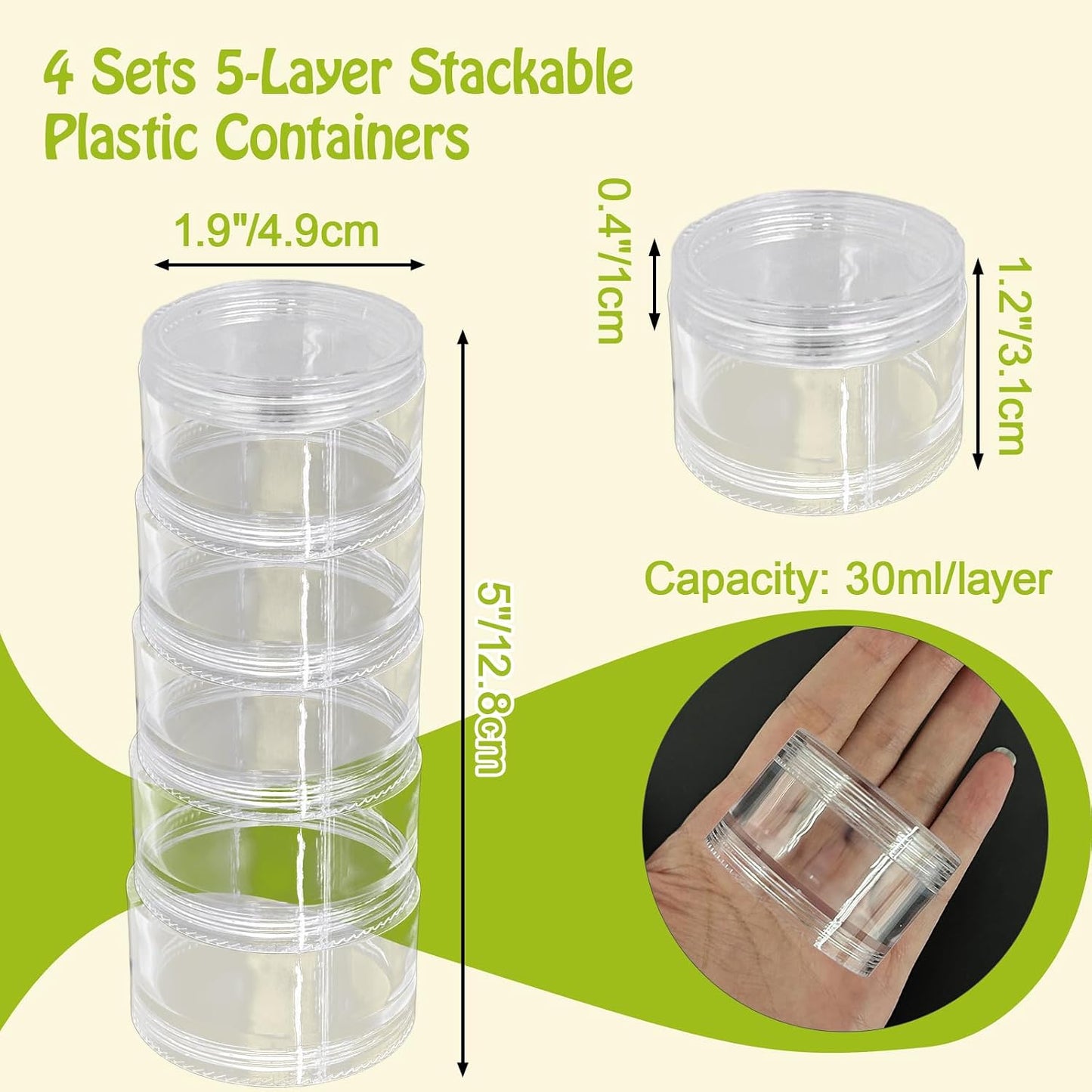 Luomorgo Stackable Clear Plastic Containers, 30ML, 5-Layer, 4 Sets | Screw Lids Organizer, For Cosmetics, Jewelry Beads, Nail Art & Craft Storage
