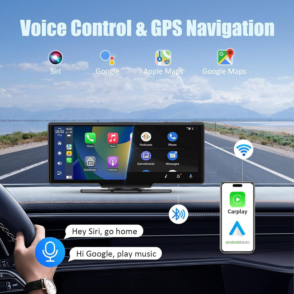 11.5" Extra Large Wireless Apple CarPlay Screen for Car, 4K Portable Car Play Screen & Android Auto HD Touch Screen, Dash Cam Front and Rear, App Control, Mirror Link, Voice Control