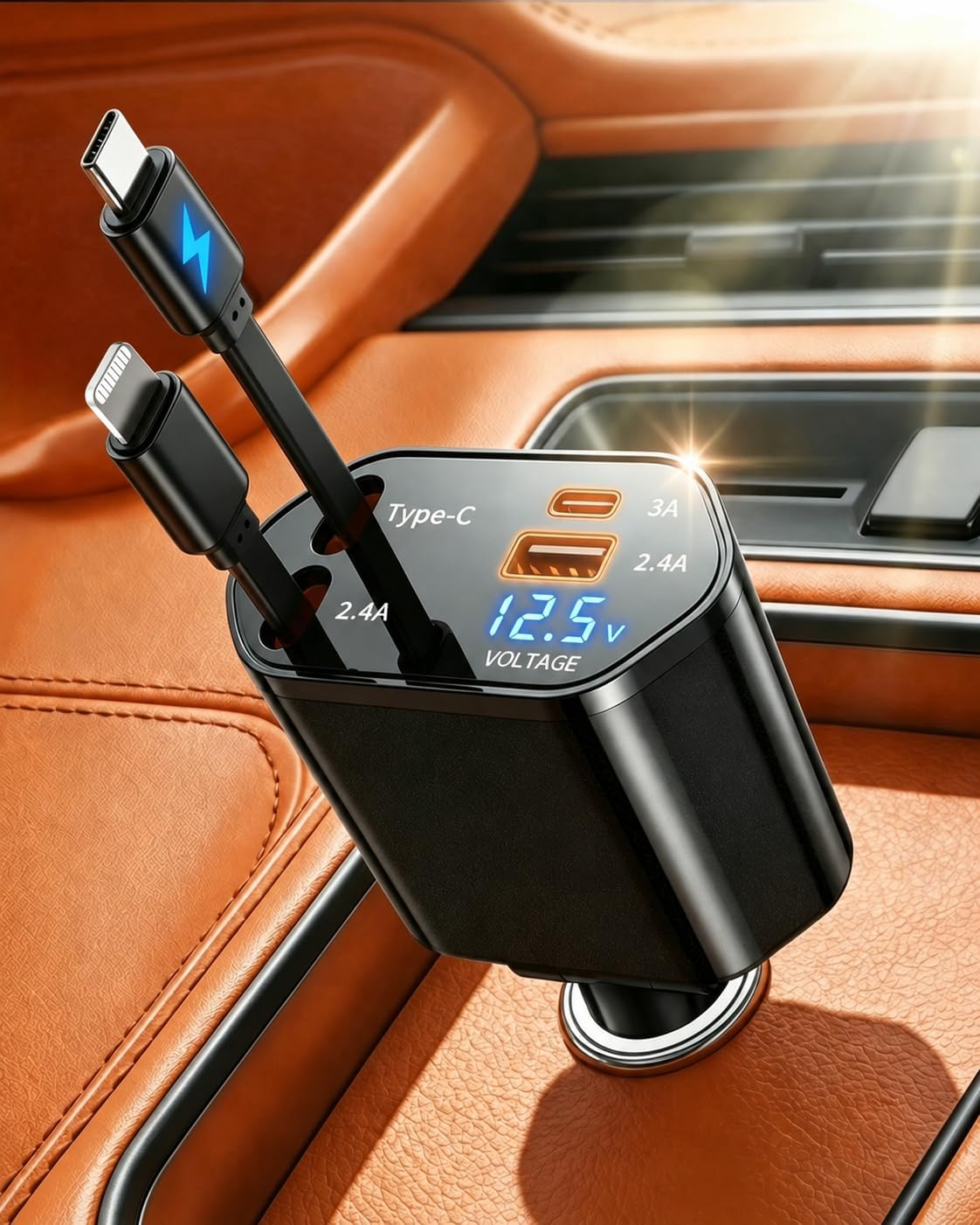 4 in 1 Retractable Car Charger, USB C Fast Charging Adapter, Black