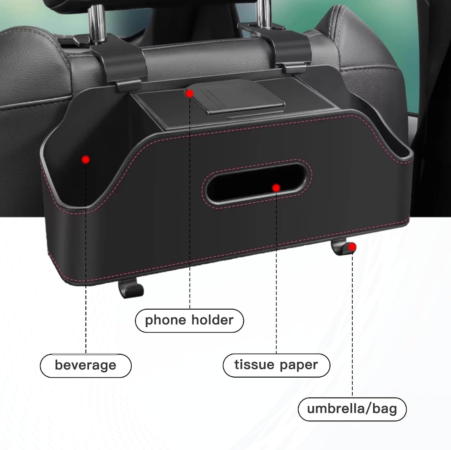 Car Headrest Backseat Organizer, Multi-Functional Vehicle Headrest Hanging Storage Box with Hook Cup Phone Holder Tissue Box, Universal Automotive Interior Seat Back Organizer (Black)