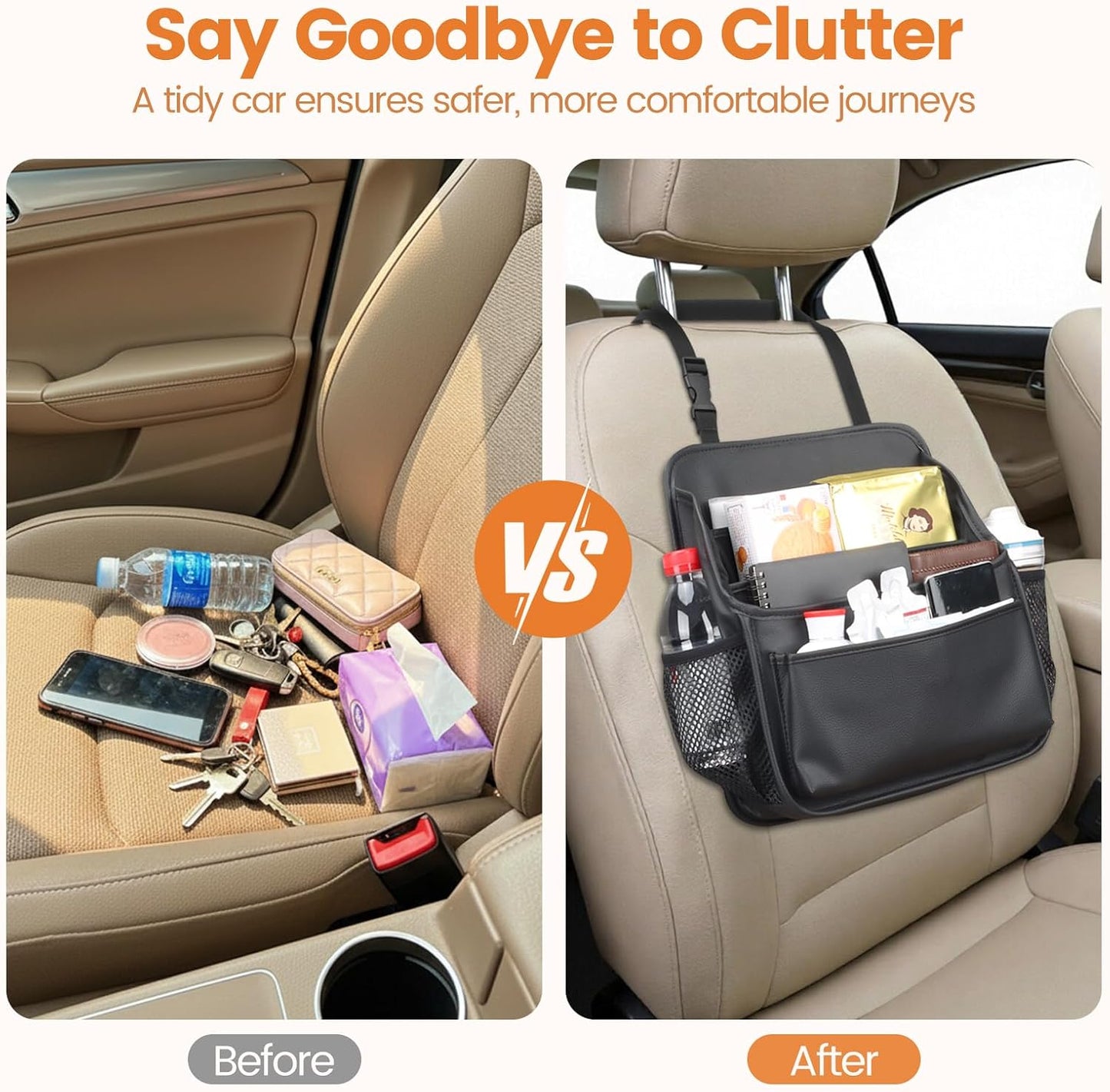 Viaviat Front Seat Organizer Car Upholstery Leather Passenger Seat Storage Bag Large Durable Car Organizer with Adjustable Strap Multiple Compartments Mesh Bags Cup Holders (black)