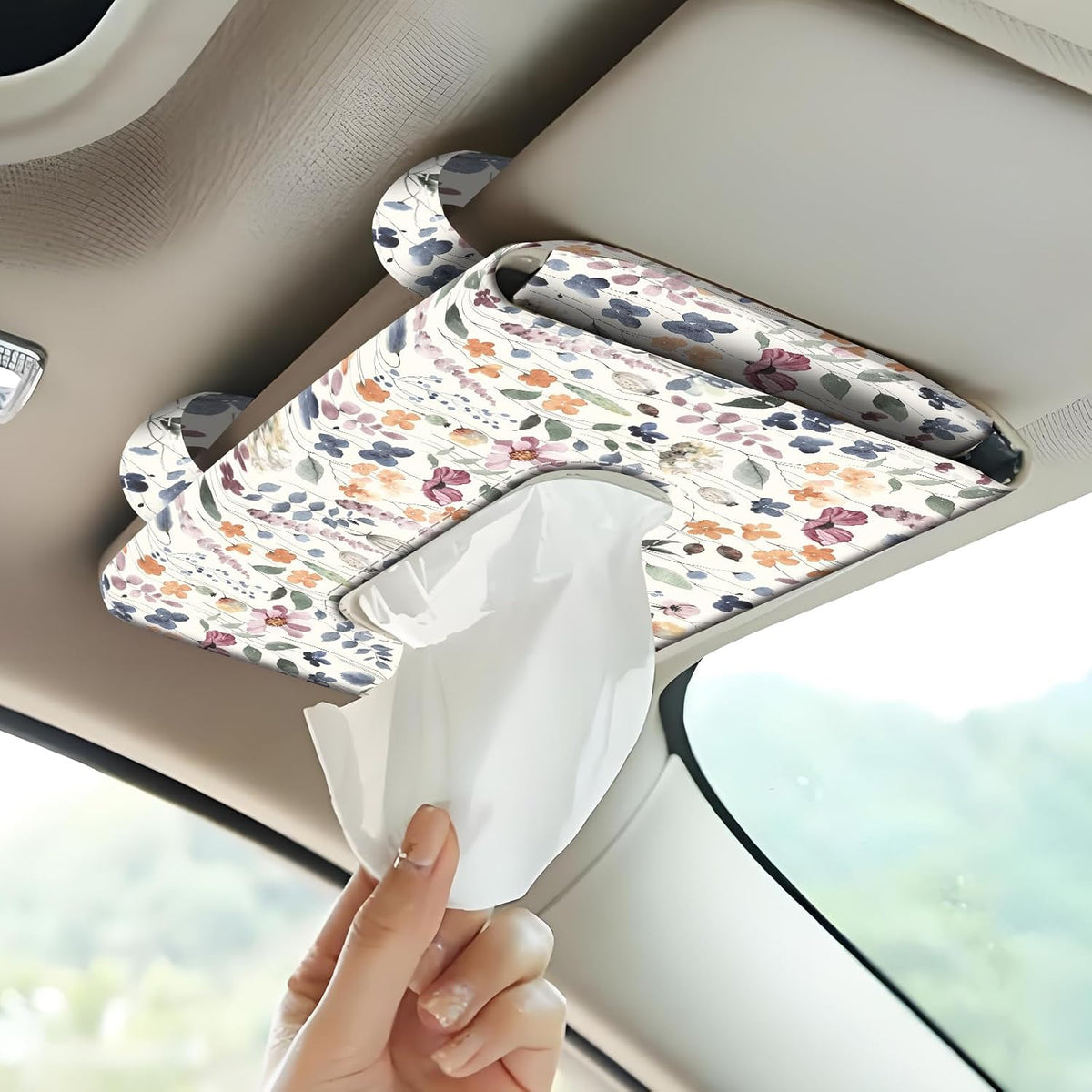 Car Tissue Holder, Cute Sun Visor Napkin Holder Backseat Tissue Case, PU Leather Tissue Box, Funny Car Accessories for Women Men Watercolor Boho Leaf