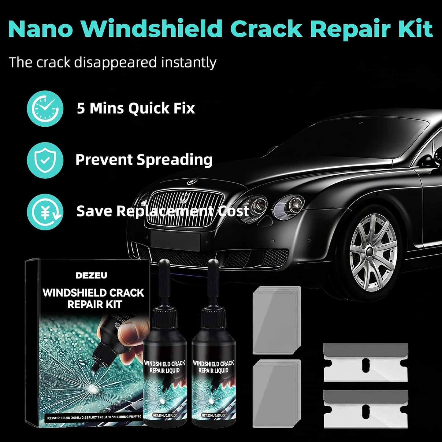DEZEU 2026 Windshield Crack Repair Kit,Upgraded 2 Bottles Windshield Chip Repair Kit,5MinQuick-Glass Repair Liquid,Long-Lasting for Windshields, Windows, Mirrors,All Crack Types 0.68 FL OZ.