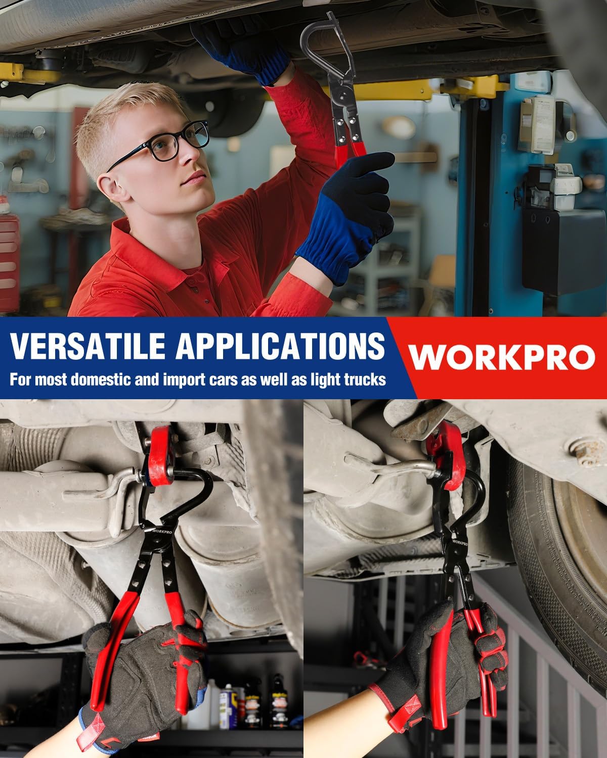 WORKPRO Exhaust Hanger Removal Tool with 4 Rubber Hangers, Red | Exhaust Hanger Pliers for Car & Truck Rubber Exhaust Hangers Muffler Hanger, For Most Domestic & Imported Exhaust System