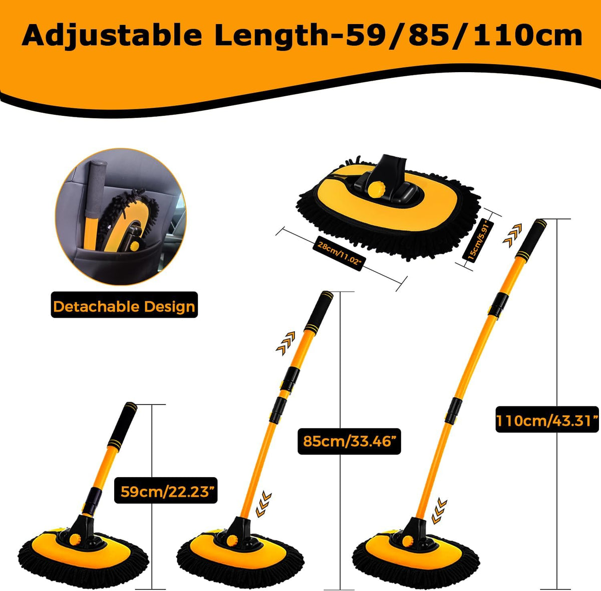 15° Curved Car Wash Brush, 43" Telescopic Handle, Soft Microfiber Mop