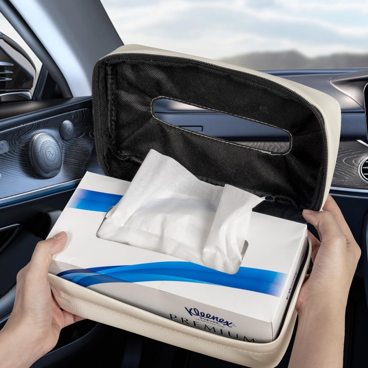 Car Tissue Holder - Standard Pu Leather Napkin Holder for Backseat, Extra Large Organization Fits 120-230 Tissues Per Box, 9.84'' X 4.72'' X 5.91'', Beige