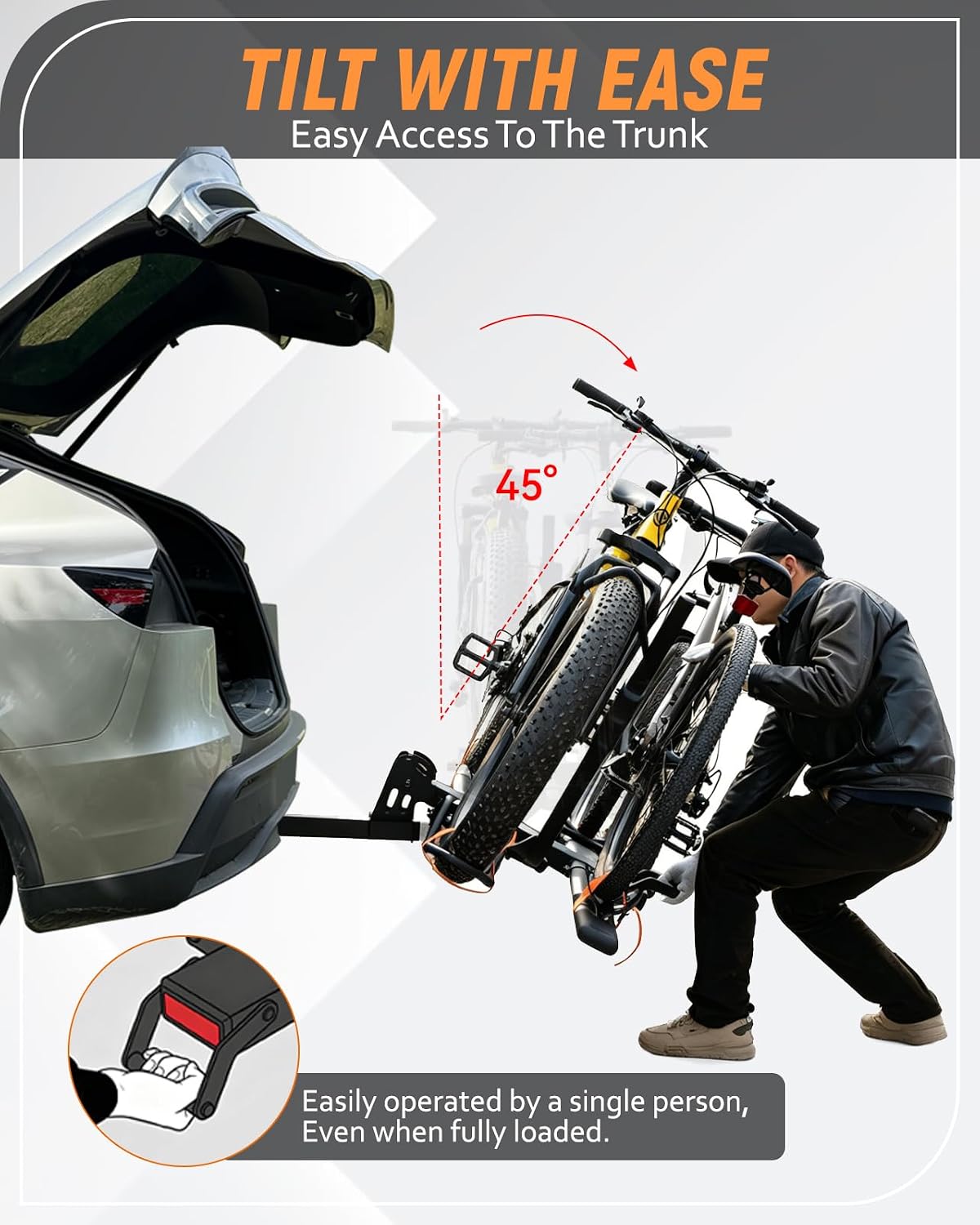 MEEVIZ Ebike Rack with Ramp for Tow Hitch, 200lbs Capacity for Heavy Duty Electric Bike Fat Tire, Smart Tilting & Foldable Platform Carrier for Car, SUV, Truck, Van with 2" Receiver