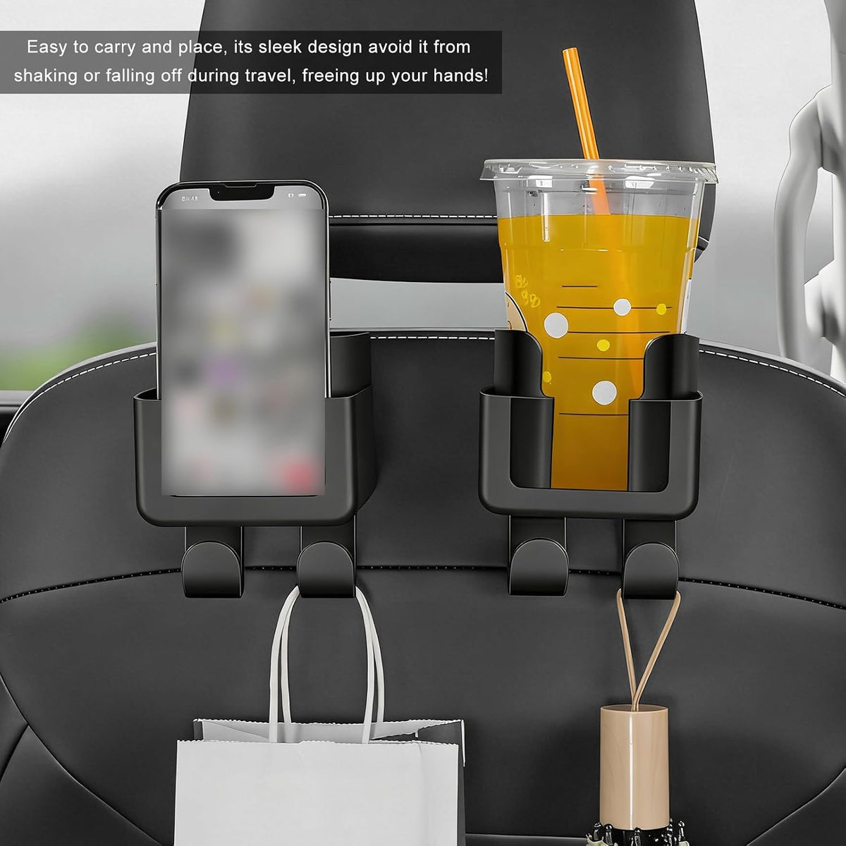 4 PCS Headrest Cup Holder for Car Back Seat, Auto Bottle & Phone Holder with Headrest Hooks, Multifunctional Plastic Back Seat Organizer for Phones Drinks Bags, Car Accessories