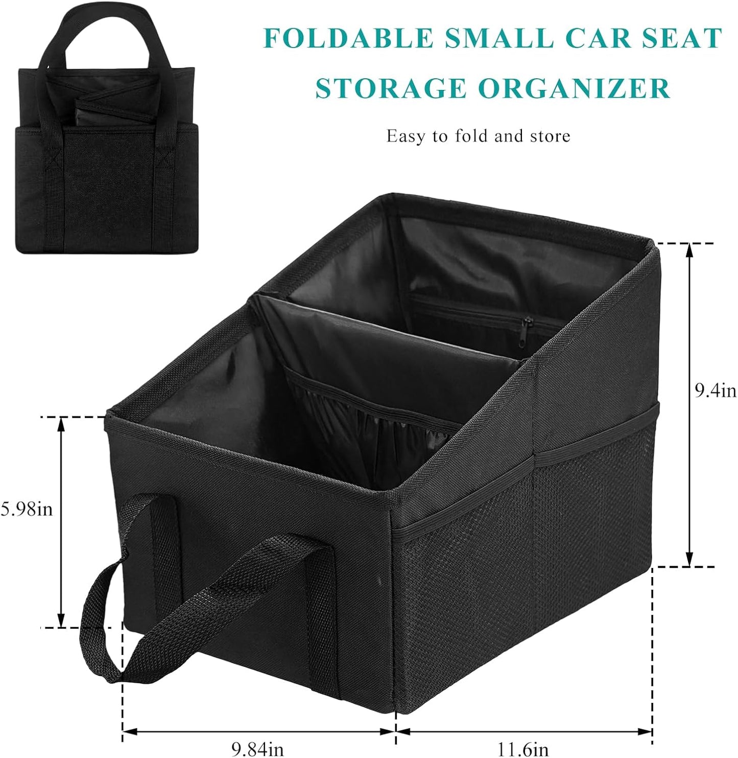 Car Seat Organizer, Collapsible Passenger Seat Organizer with Detachable Divider & Handle, Multiple-Pocket Car Storage Organization for Console Floor Front or Back Seats (Black)