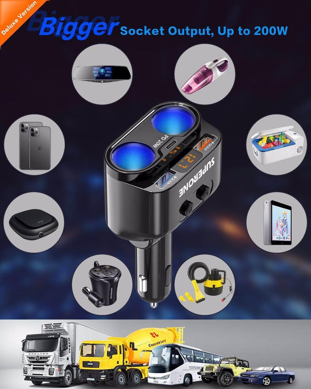 SUPERONE 200W 2-Socket Cigarette Lighter Splitter Power Adapter, 20W PD/QC