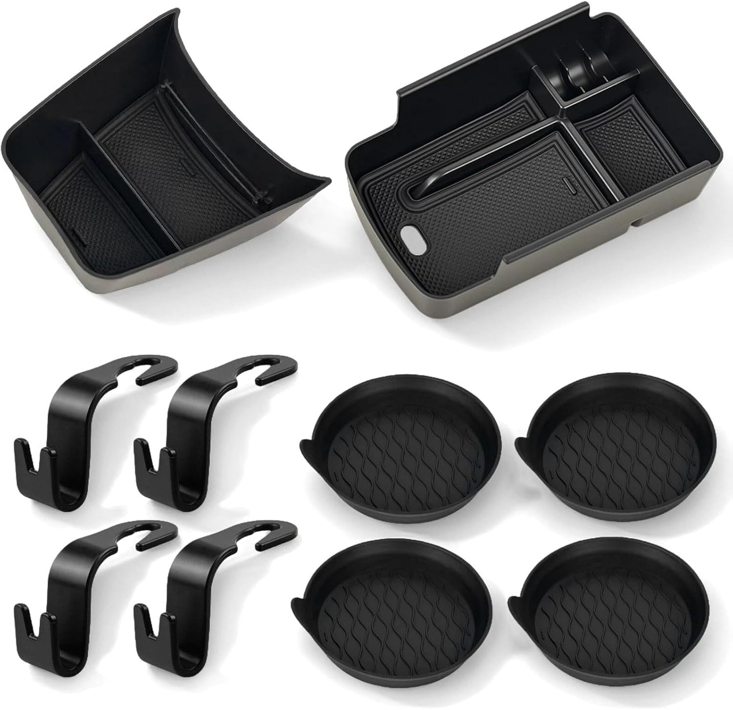 Upgraded 10Pcs Organizer Kit for Chevy Trax Accessories 2024 2025 2026, Center Console Tray & Armrest Storage Box, with 4 Cup Holder Inserts and 4 Seat Hooks, ABS Non-Slip Interior Accessories Black