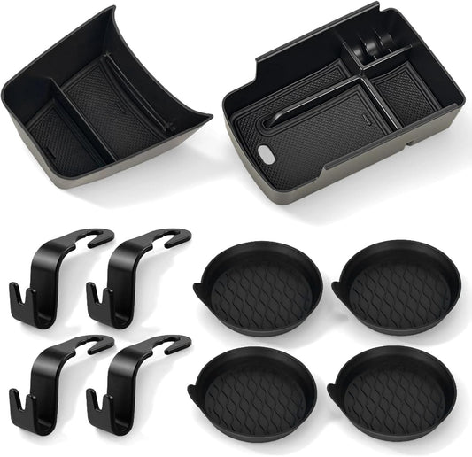 Upgraded 10Pcs Organizer Kit for Chevy Trax Accessories 2024 2025 2026, Center Console Tray & Armrest Storage Box, with 4 Cup Holder Inserts and 4 Seat Hooks, ABS Non-Slip Interior Accessories Black