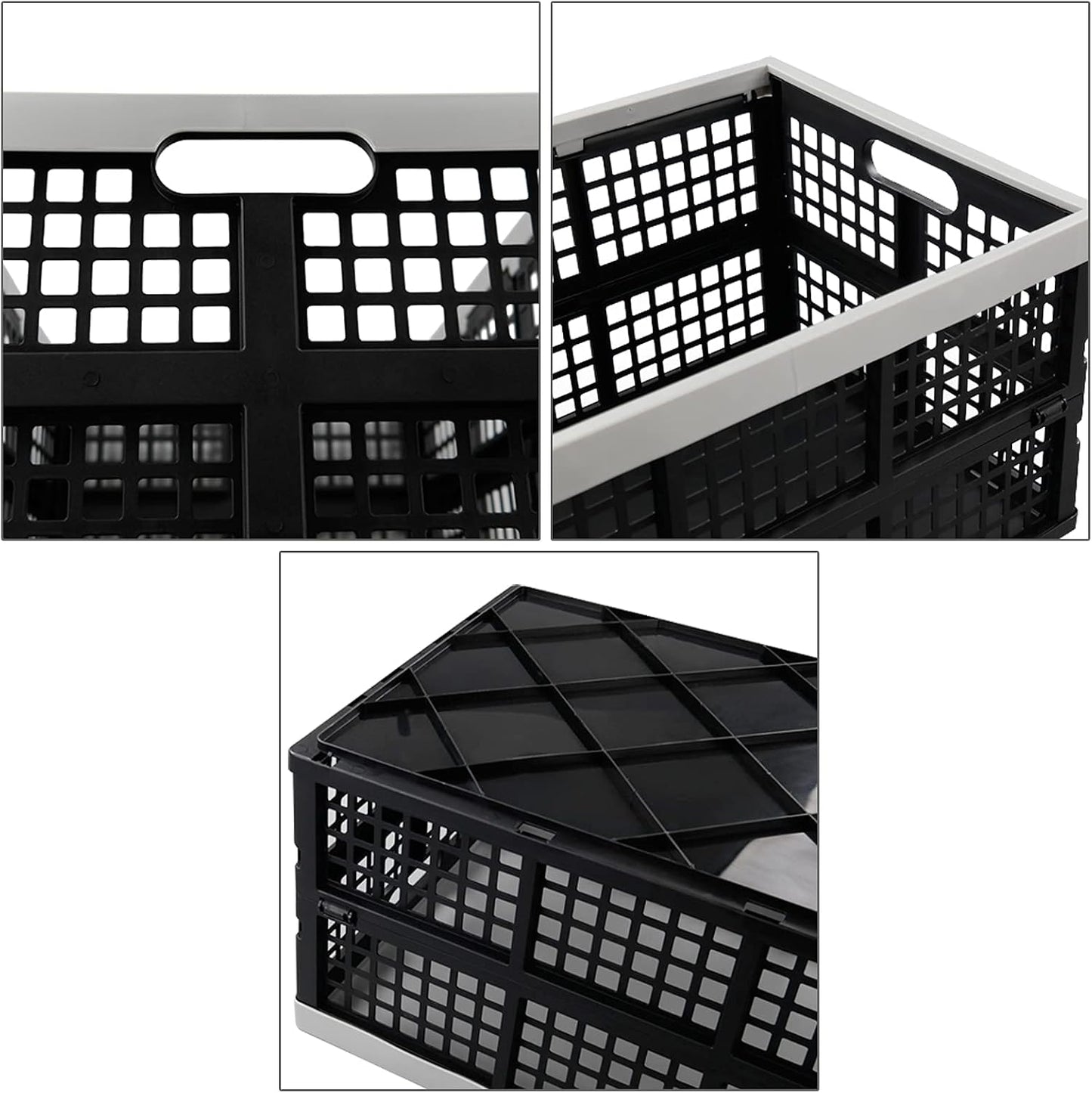 3-Pack Plastic Crates, 42L Foldable Baskets, Collapsible Crates | Stackable Storage Container, Baskets and Bins for Organizing Tools, Books, Food, Drinks, Camping, Shopping & Transport