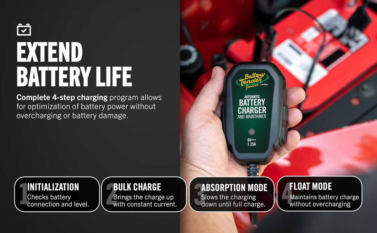 Battery Tender Junior 6V, 1.25 AMP Battery Charger and Maintainer: Fully Automatic 6V Automotive Battery Charger for Cars, Motorcycle, ATVs, and More - 022-0196