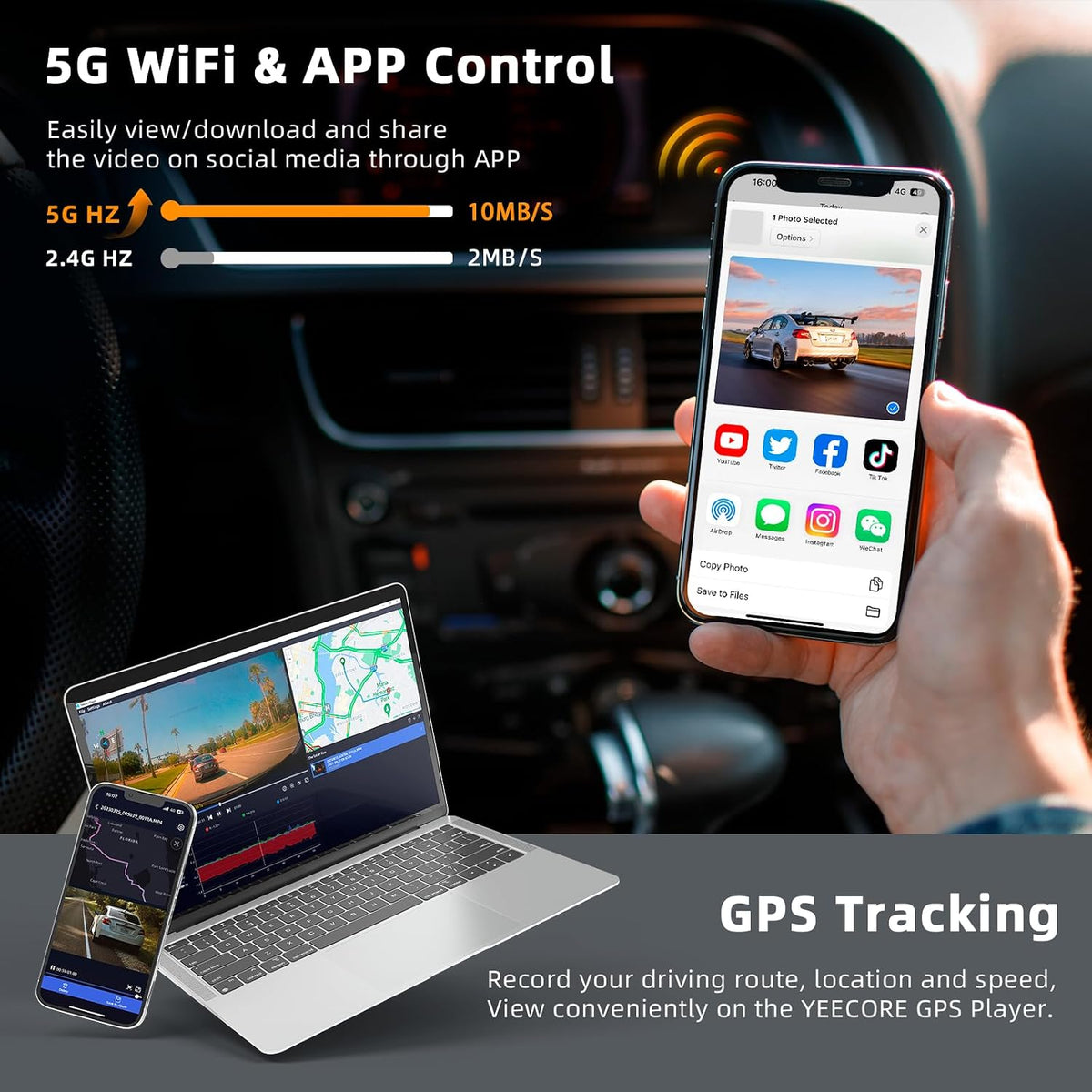 Real 4K 3 Channel Dash Cam, STARVIS2 Sensor HDR, 64GB Card, 5.8GHz WiFi GPS