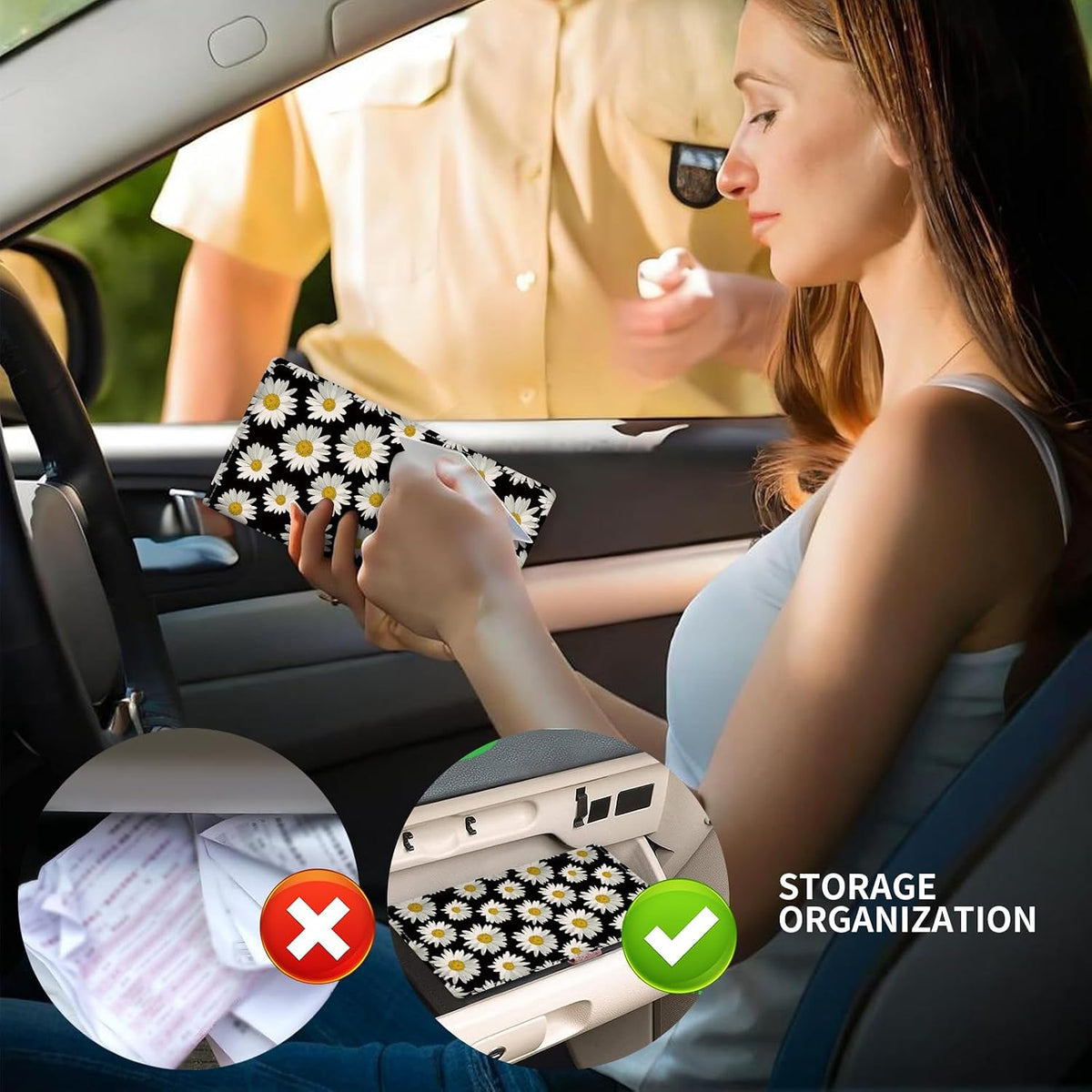 Leather Car Registration and Insurance Card Holder, Cute Car Accessories Vehicle Glove Box Car Organizer for Documents, Cards, License Cute Black Daisy Flower