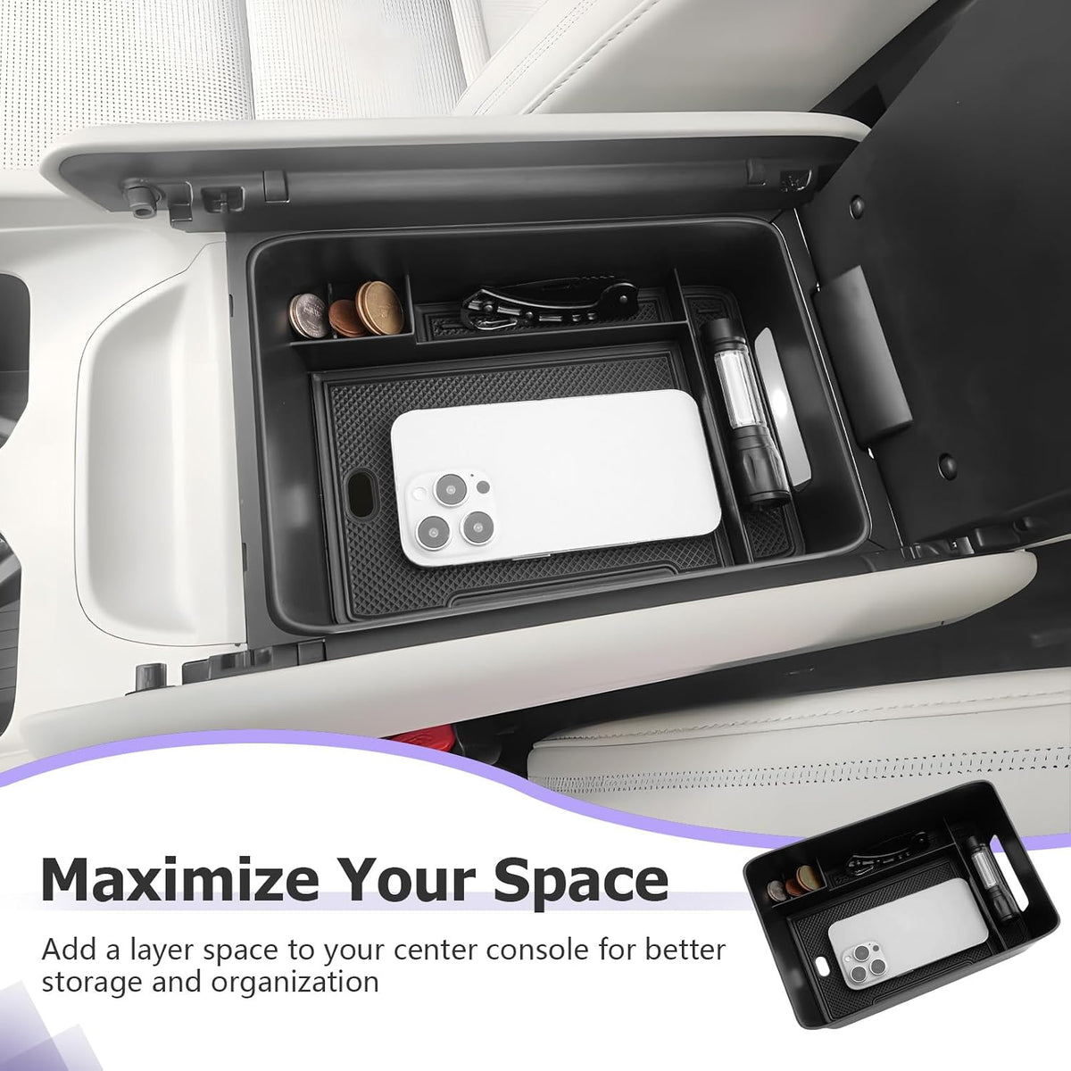 LUWU Center Console Organizer for 2024 2025 2026 Hyundai Santa Fe SE/SEL/XRT/Limited/Calligraphy Accessories Armrest Console Tray Storage Box ABS Material 2025 2026 Santa Fe Accessories Black