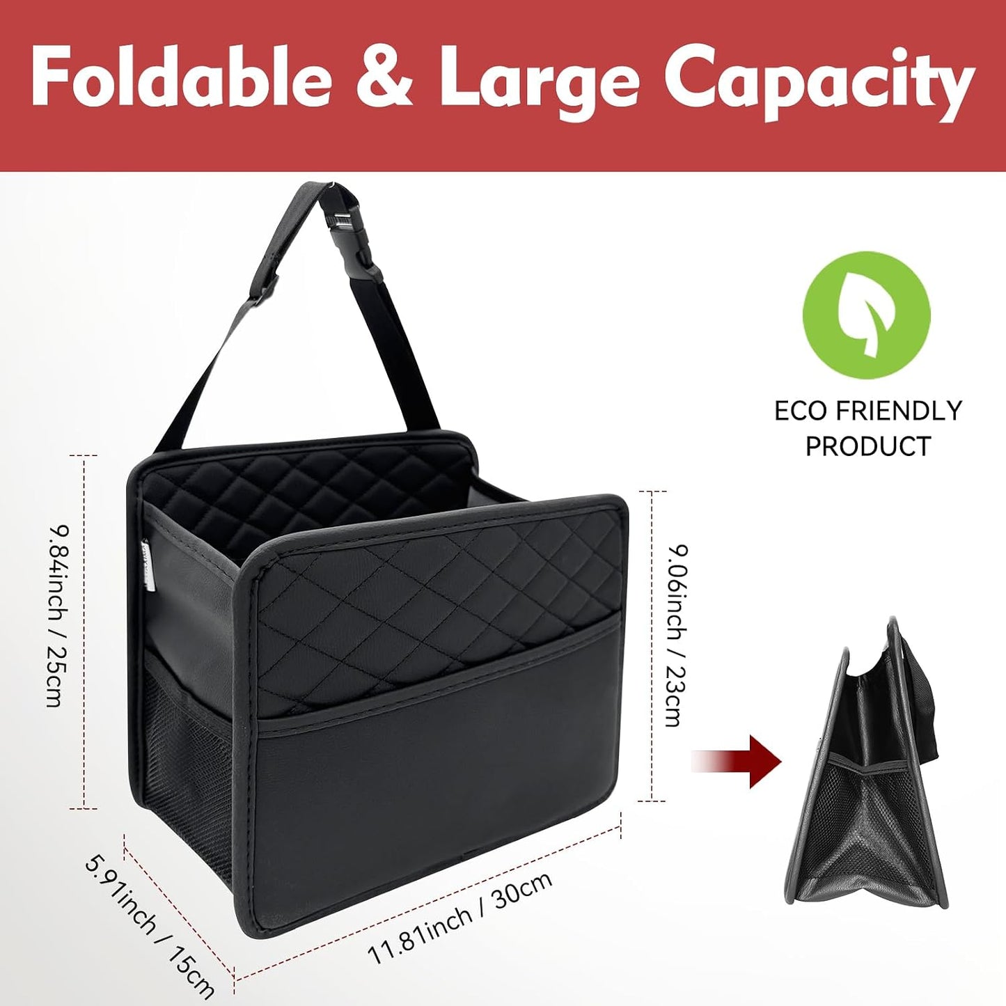 Witaxima Upgraded Extra Large Car Seat Organizer Backseat with 3 Storage Pockets, Multipurpose Car Organizer Hanging Car Trash Bag Can Premium PU Leather Garbage Can 3 Gallon Large Capacity, Black.