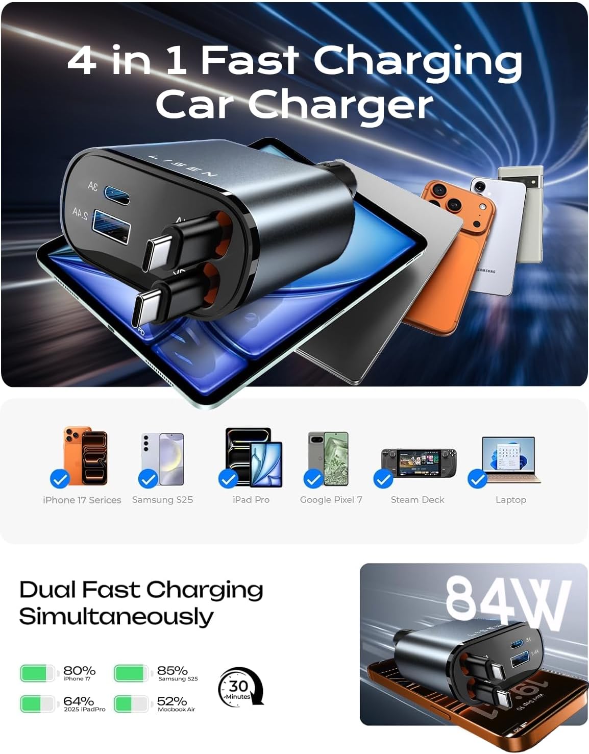 LISEN Retractable Car Charger, Dual USB C Retractable Cable Fast Car Adapter [84W Total] Travel Essential Car Accessories for Men Women, for iPhone 17 16 15 Pro Max, Samsung S26 S25 S24, Pixel, iPad