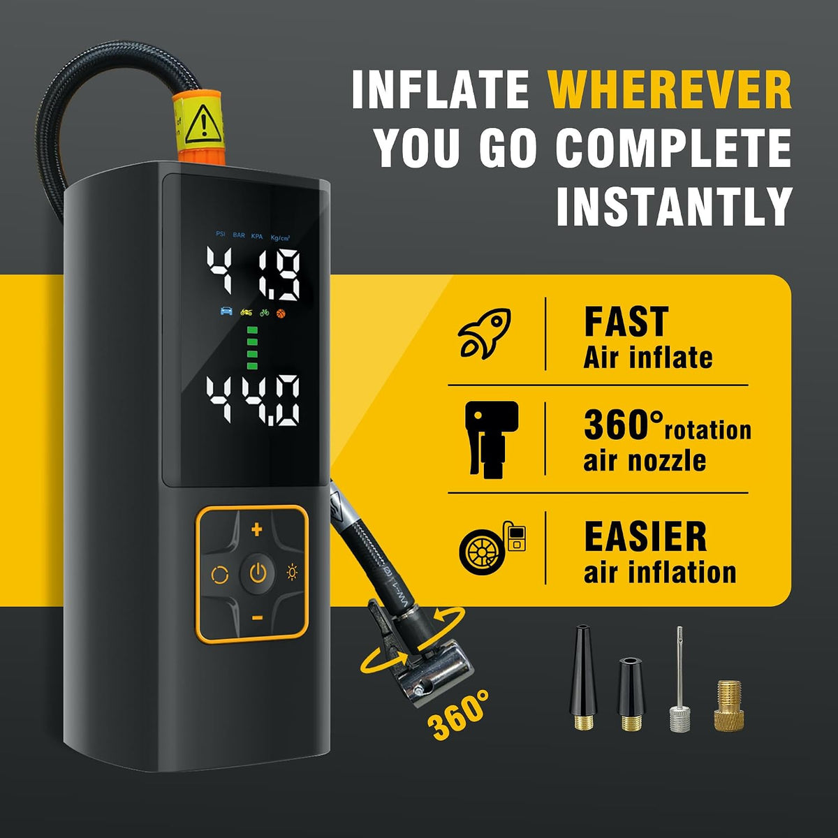 Tire Inflator Portable Air Compressor 150PSI Cordless Air Pump with Color Digital Pressure Gauge 3X Faster Inflation Rechargeable USB-C Power Bank LED Light for Car Motorcycle Bike Ball