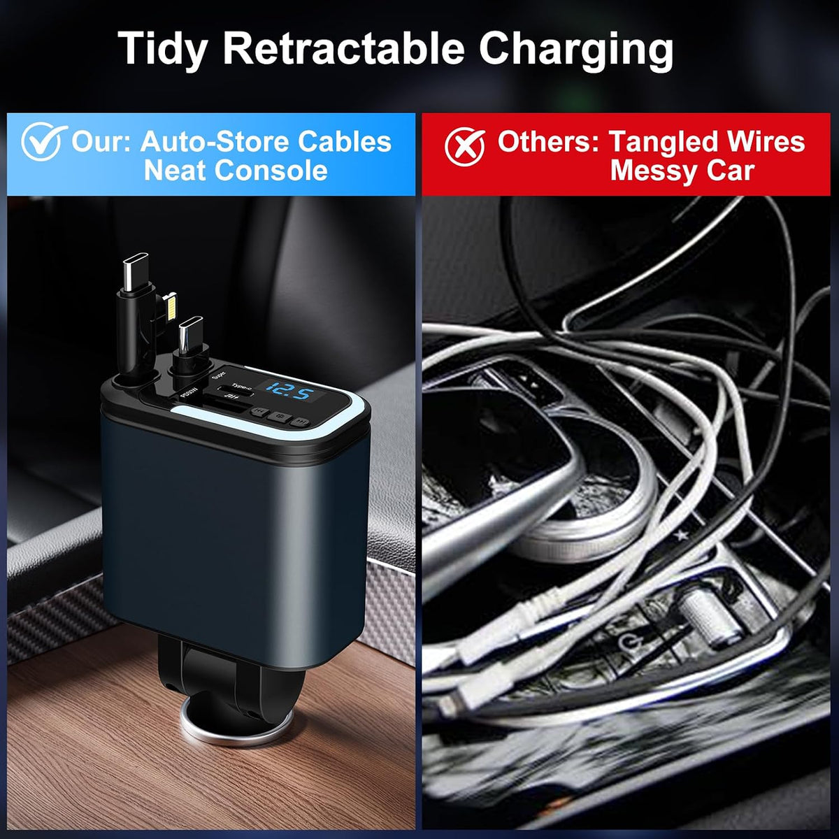 Vitog 5-in-1 120W 30-Minutes Fast Flash Charging Retractable Car Charger