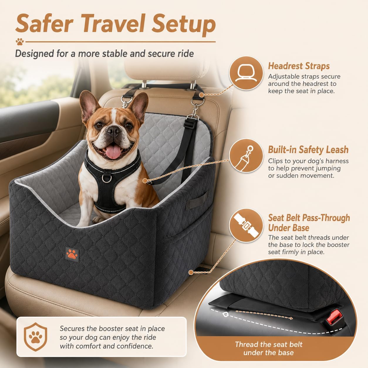 Dog Car Seats for Small/Medium Dogs, Puppy Car Seat with Side Opening, Thick Cushion, Detachable Washable Dog Carseat with Storage Pockets for Dogs Up to 35lbs (Grey)