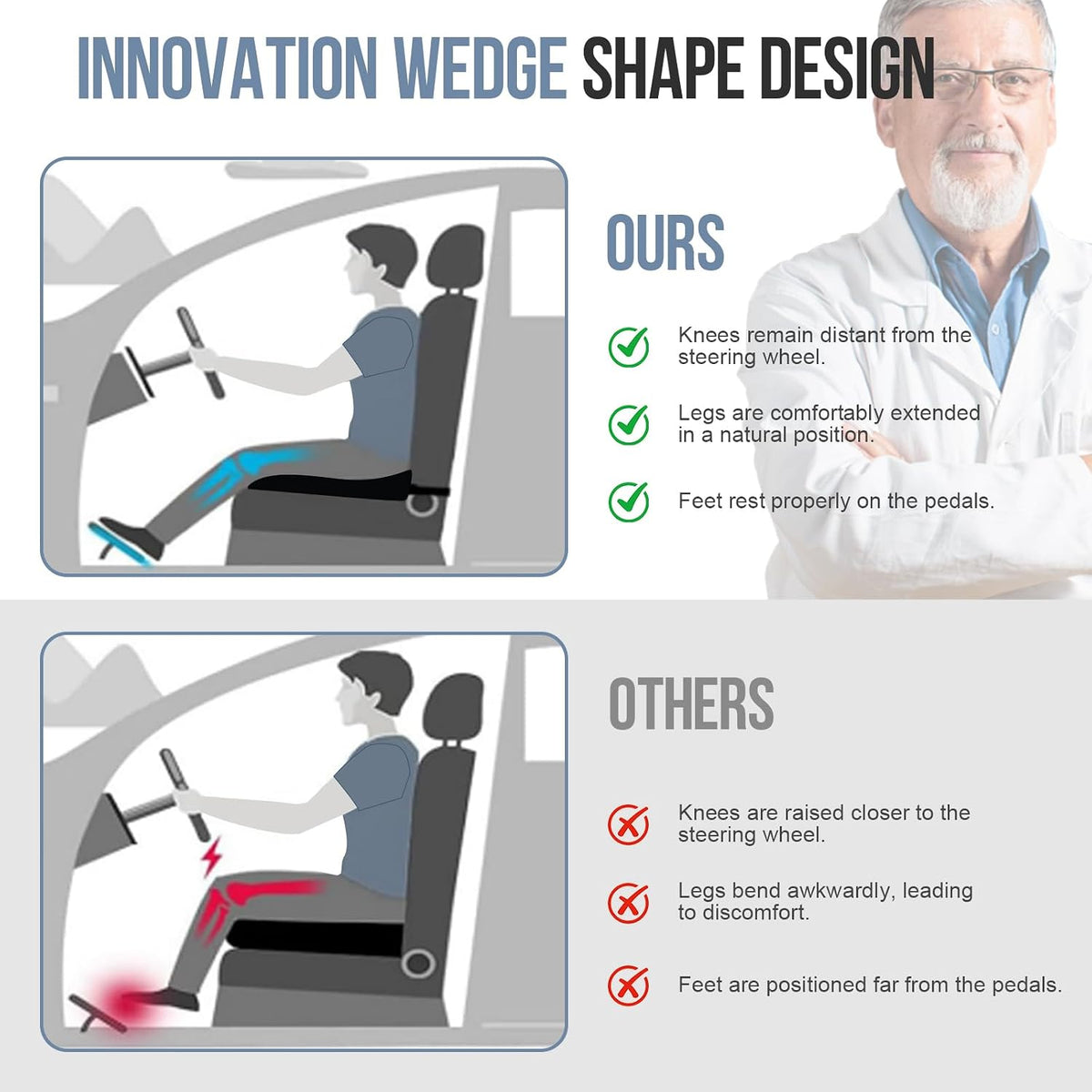 Car Seat Cushion for Driving, Memory Foam Wedge Booster for Adults