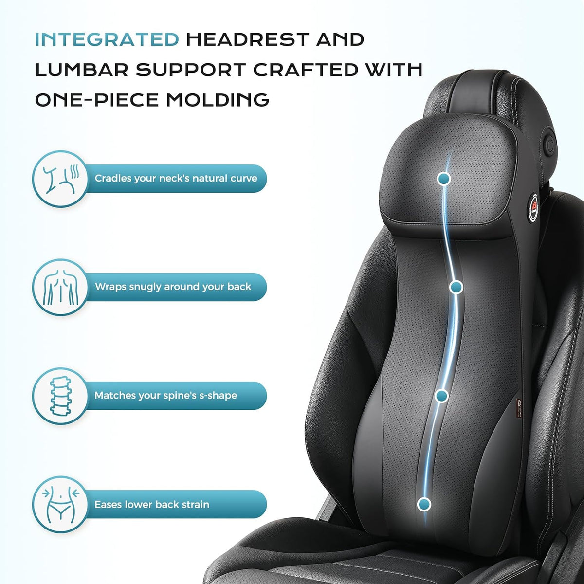 Coverado Car Seat Cushion and Lumbar Support Headrest Pillow, Integrated Ergonomic Memory Foam Back Support Neck Pillow, Soft Leather Breathable Driving Seat Cushion for Sciatica Pain Relief, Black