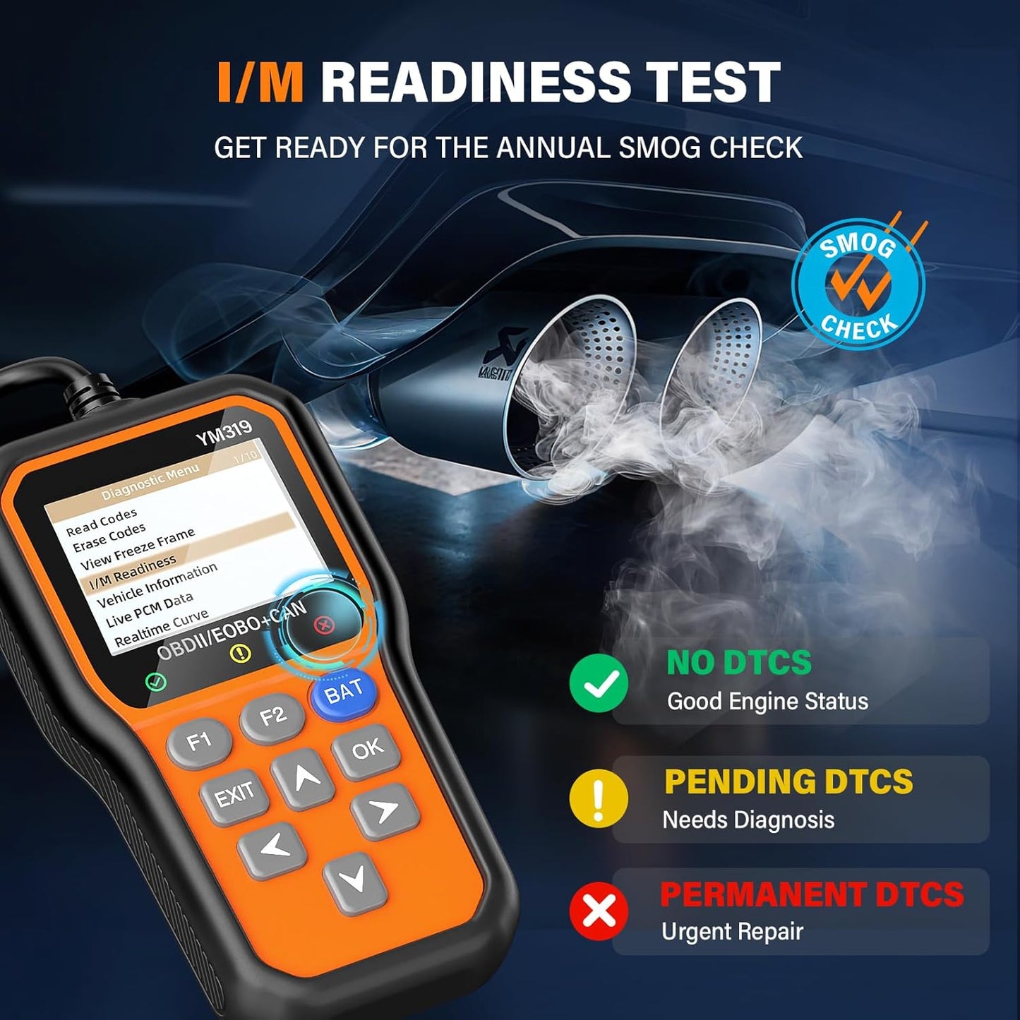 BluSon YM319 OBD2 Scanner Diagnostic Tool with Battery Tester, Check Engine Fault Code Reader with Live Data, Cloud Printing, DTC Lookup, Freeze Frame, Scan Tool for All OBDII Protocol Cars Since 1996