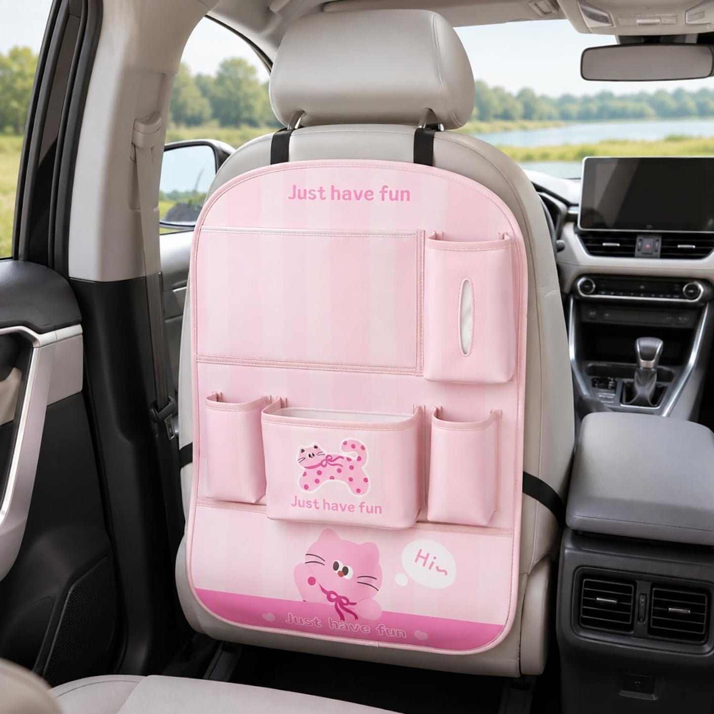 YUNZLAN Cute Panda Leather Car Backseat Organizer 1 Pack Car Seat Back Protectors with Clear 10" Tablet Holder + 4 Storage Pockets