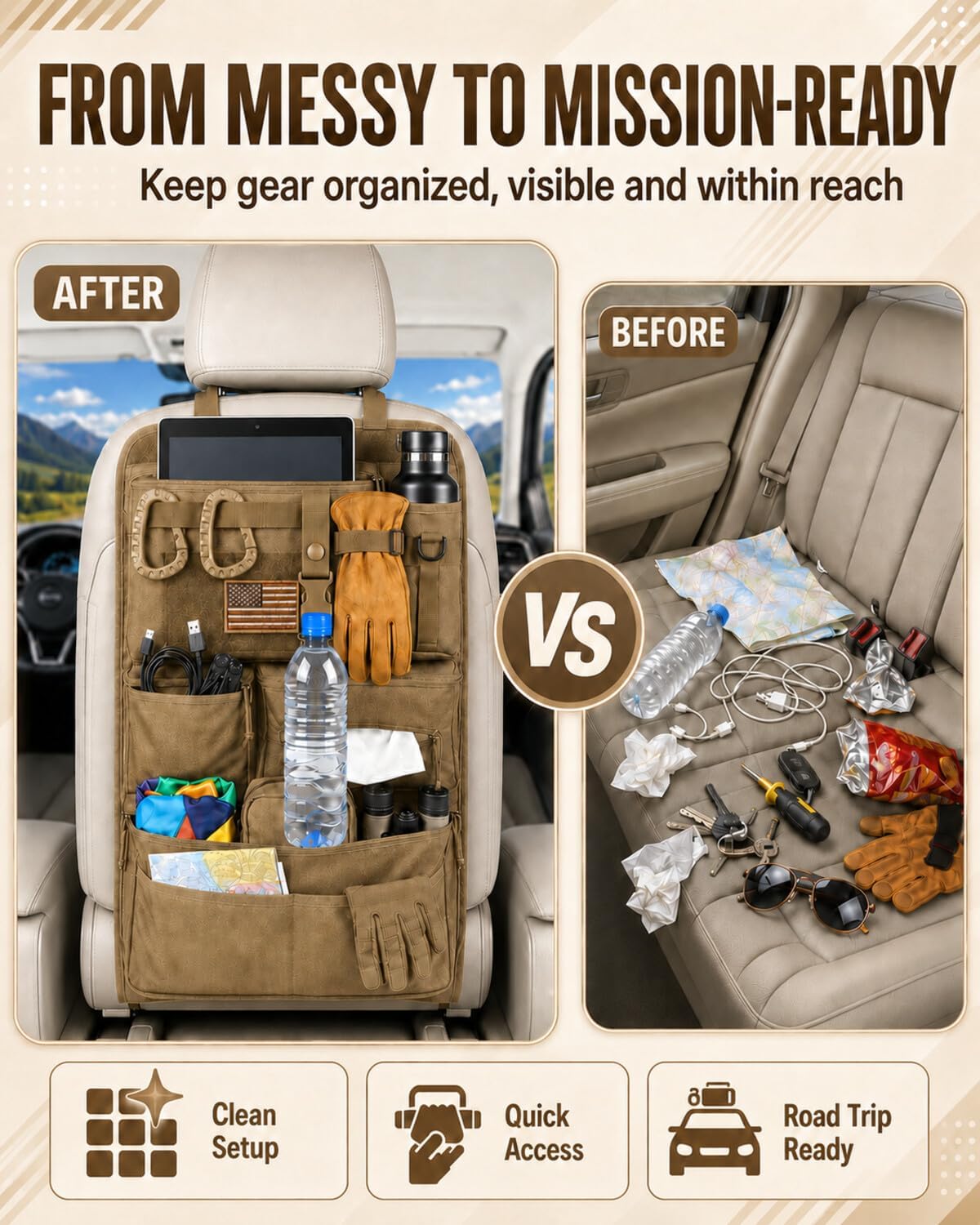 Tactical MOLLE Car Seat Back Organizer, Heavy Duty Backseat Storage Kit